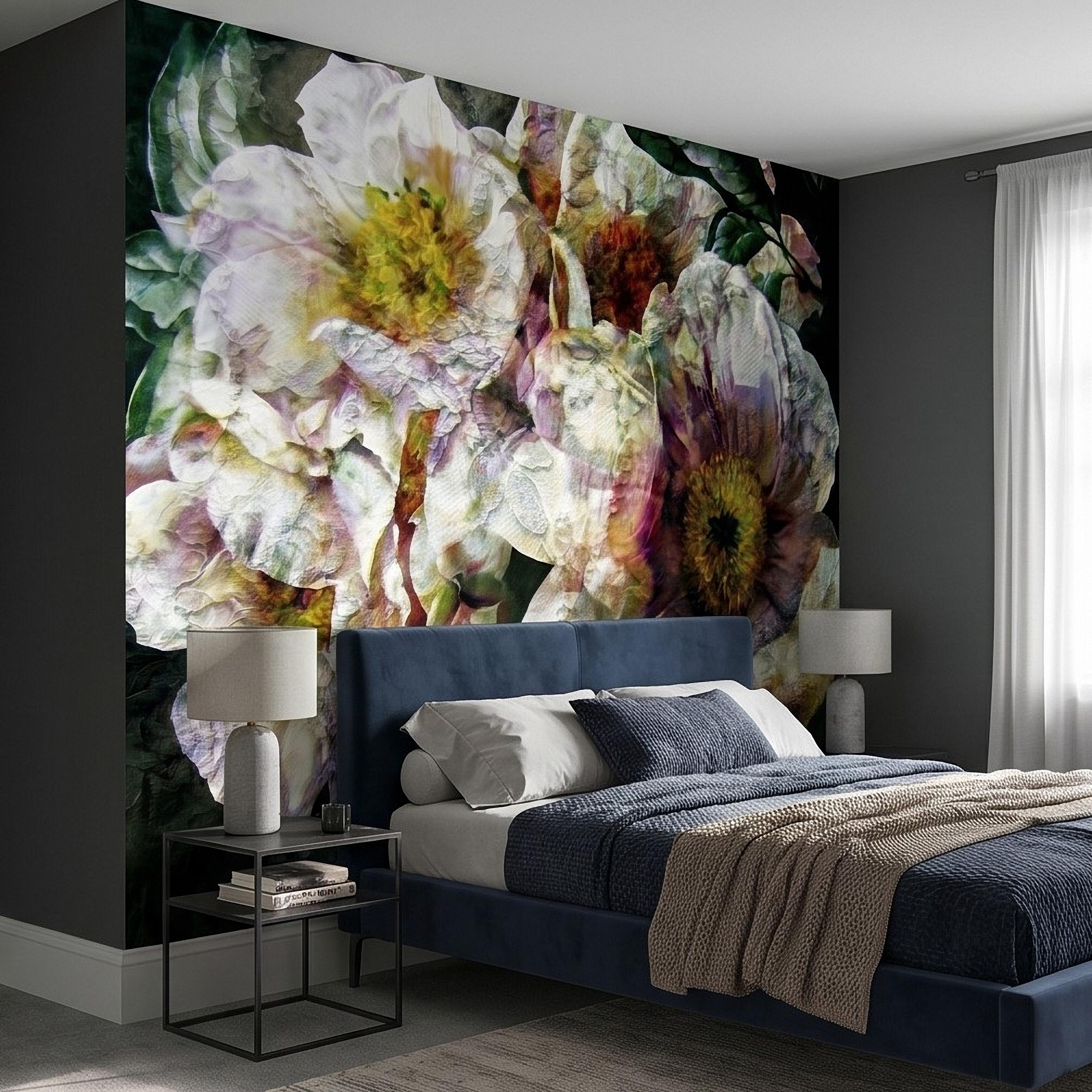 Textured White Peony Floral Peel and Stick Wall Mural, Dark Romantic Botanical Close Up, Vintage Oil Painting Style Flowers Wallpaper