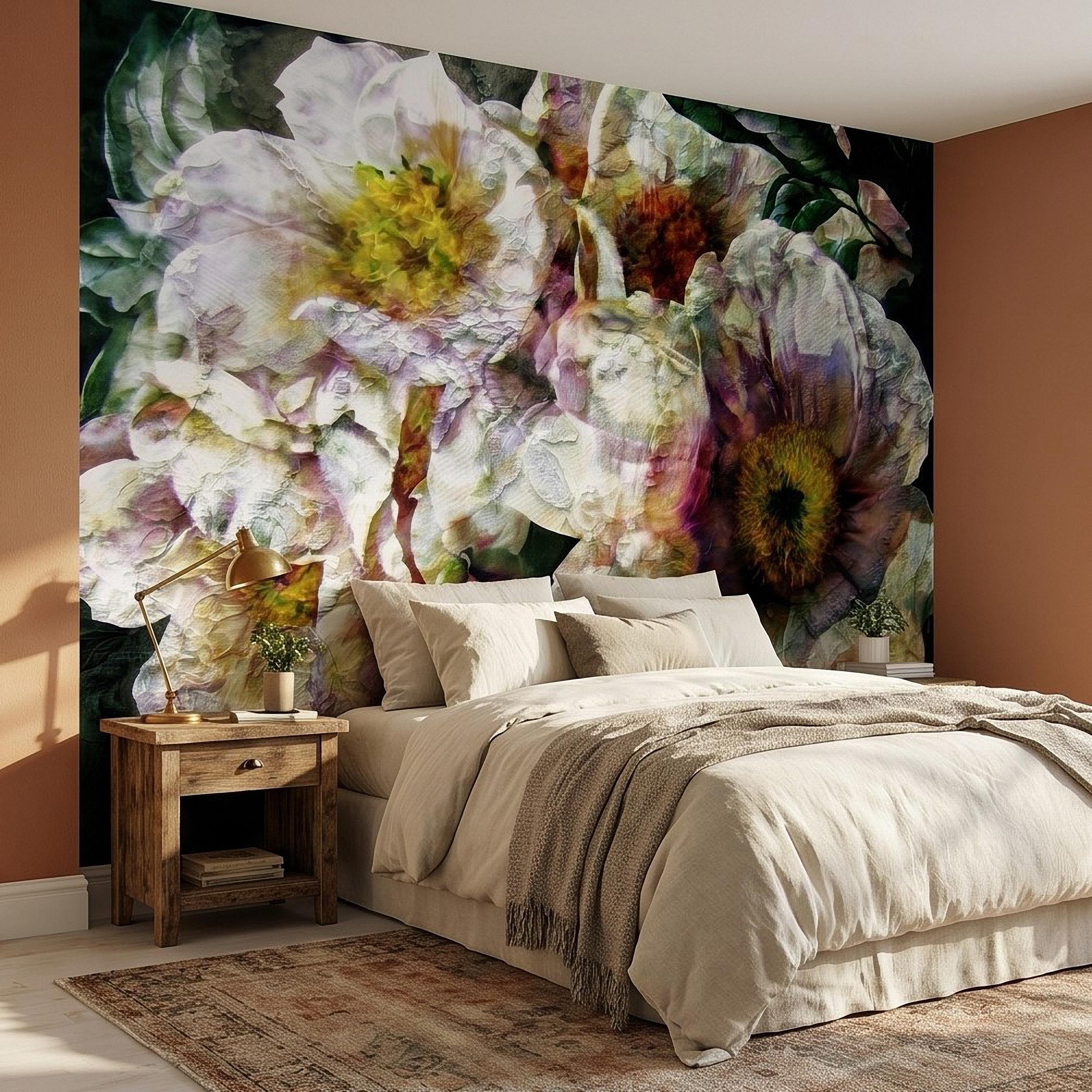 Textured White Peony Floral Peel and Stick Wall Mural, Dark Romantic Botanical Close Up, Vintage Oil Painting Style Flowers Wallpaper