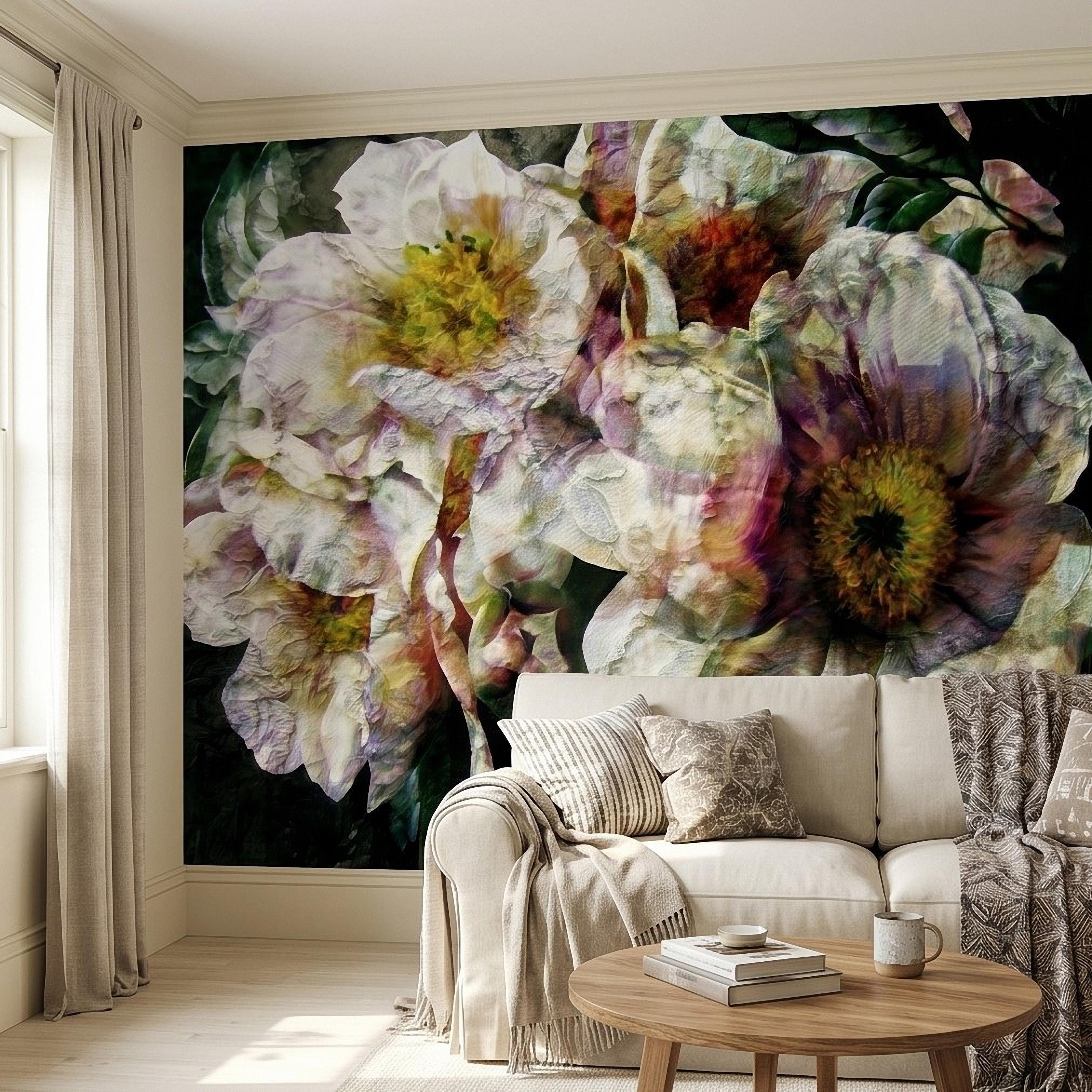 Textured White Peony Floral Peel and Stick Wall Mural, Dark Romantic Botanical Close Up, Vintage Oil Painting Style Flowers Wallpaper