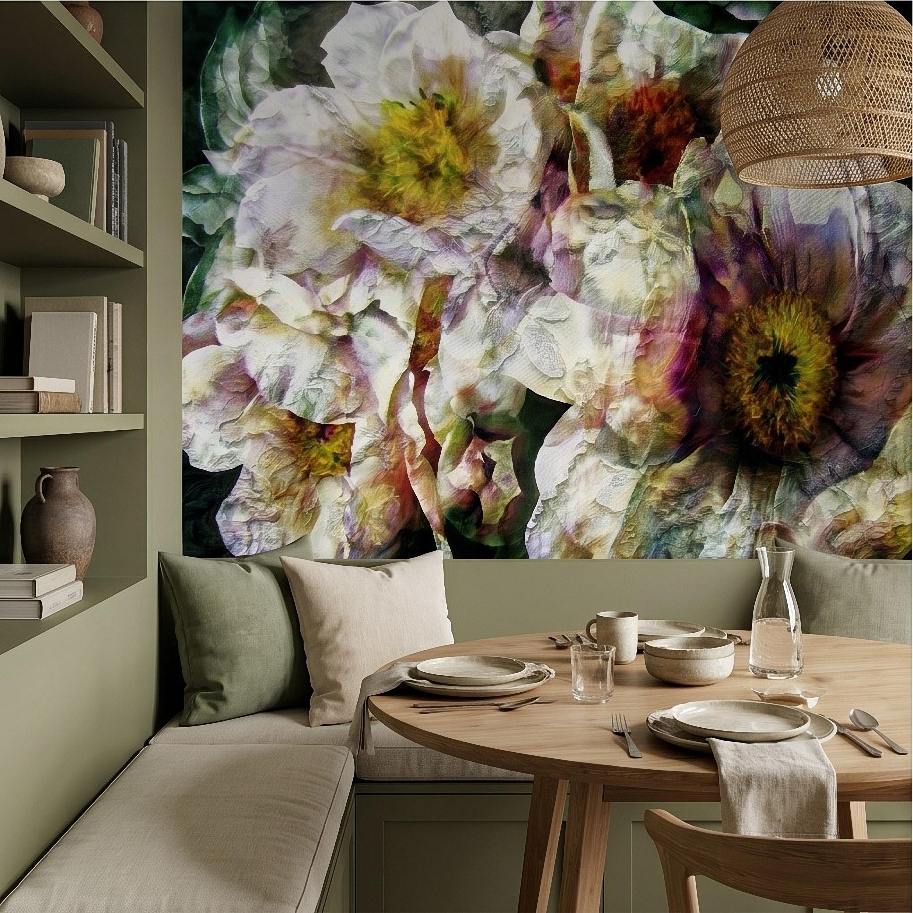 Textured White Peony Floral Peel and Stick Wall Mural, Dark Romantic Botanical Close Up, Vintage Oil Painting Style Flowers Wallpaper
