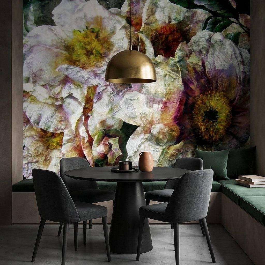 Textured White Peony Floral Peel and Stick Wall Mural, Dark Romantic Botanical Close Up, Vintage Oil Painting Style Flowers Wallpaper