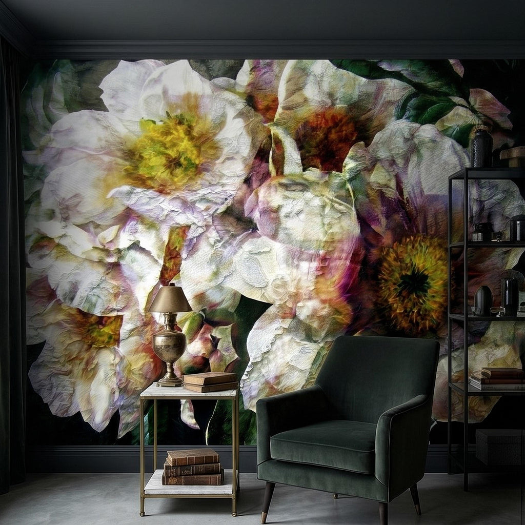 Textured White Peony Floral Peel and Stick Wall Mural, Dark Romantic Botanical Close Up, Vintage Oil Painting Style Flowers Wallpaper