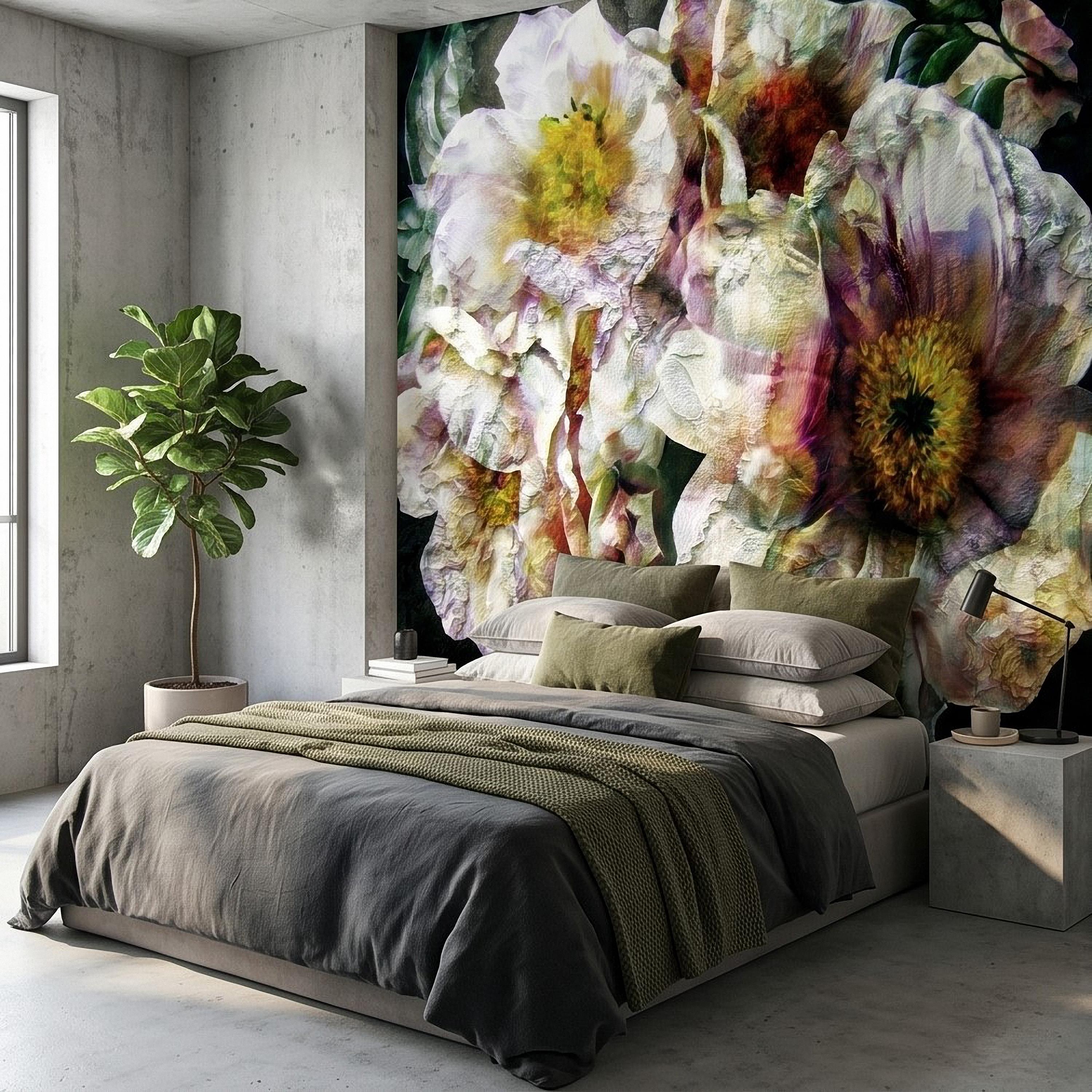 Textured White Peony Floral Peel and Stick Wall Mural, Dark Romantic Botanical Close Up, Vintage Oil Painting Style Flowers Wallpaper