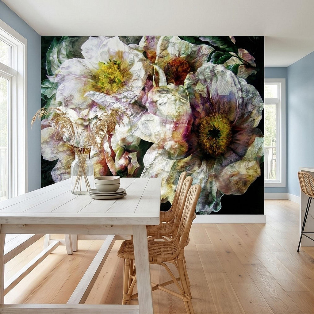 Textured White Peony Floral Peel and Stick Wall Mural, Dark Romantic Botanical Close Up, Vintage Oil Painting Style Flowers Wallpaper