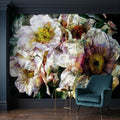 Textured White Peony Floral Peel and Stick Wall Mural, Dark Romantic Botanical Close Up, Vintage Oil Painting Style Flowers Wallpaper
