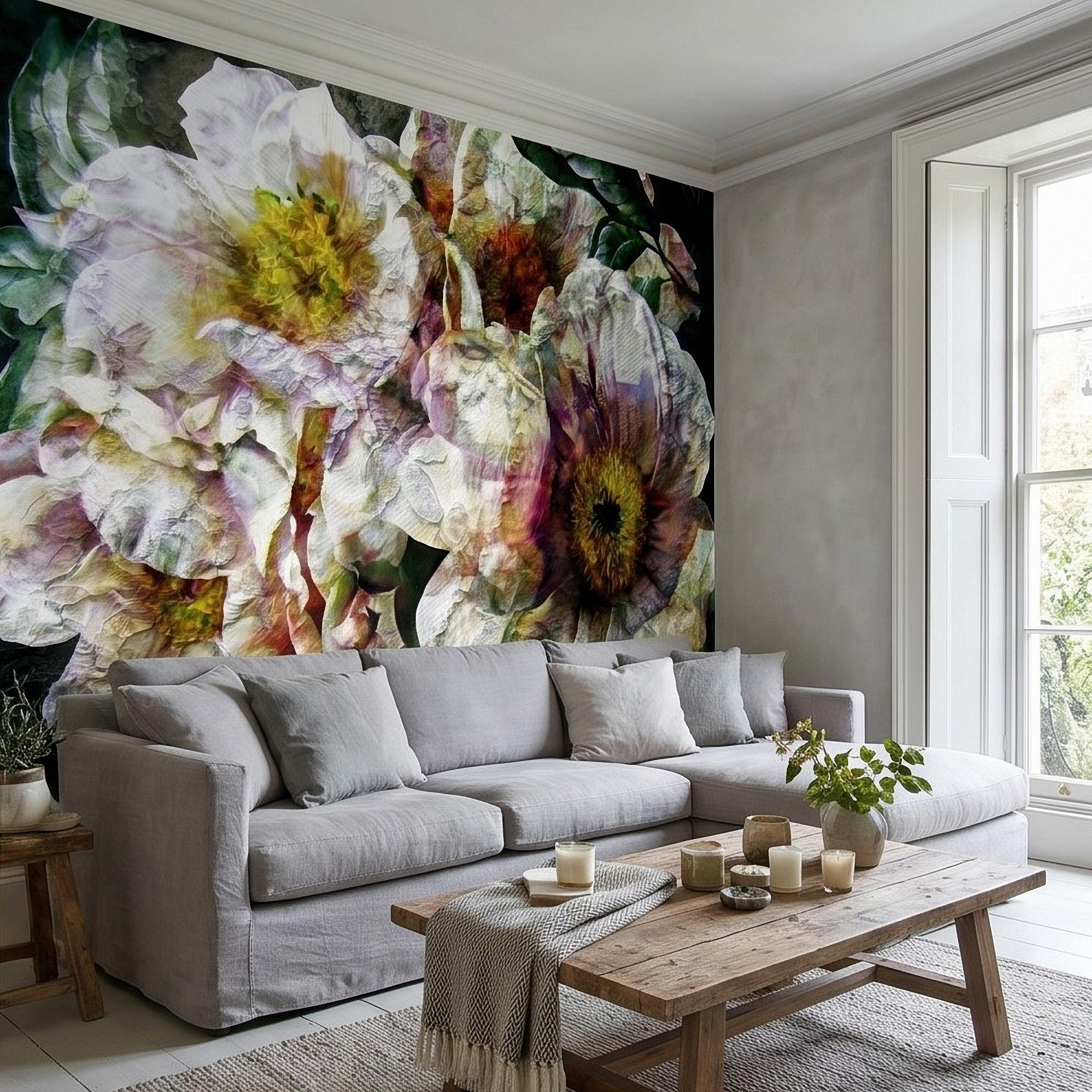 Textured White Peony Floral Peel and Stick Wall Mural, Dark Romantic Botanical Close Up, Vintage Oil Painting Style Flowers Wallpaper