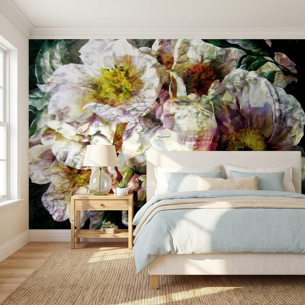 Textured White Peony Floral Peel and Stick Wall Mural, Dark Romantic Botanical Close Up, Vintage Oil Painting Style Flowers Wallpaper