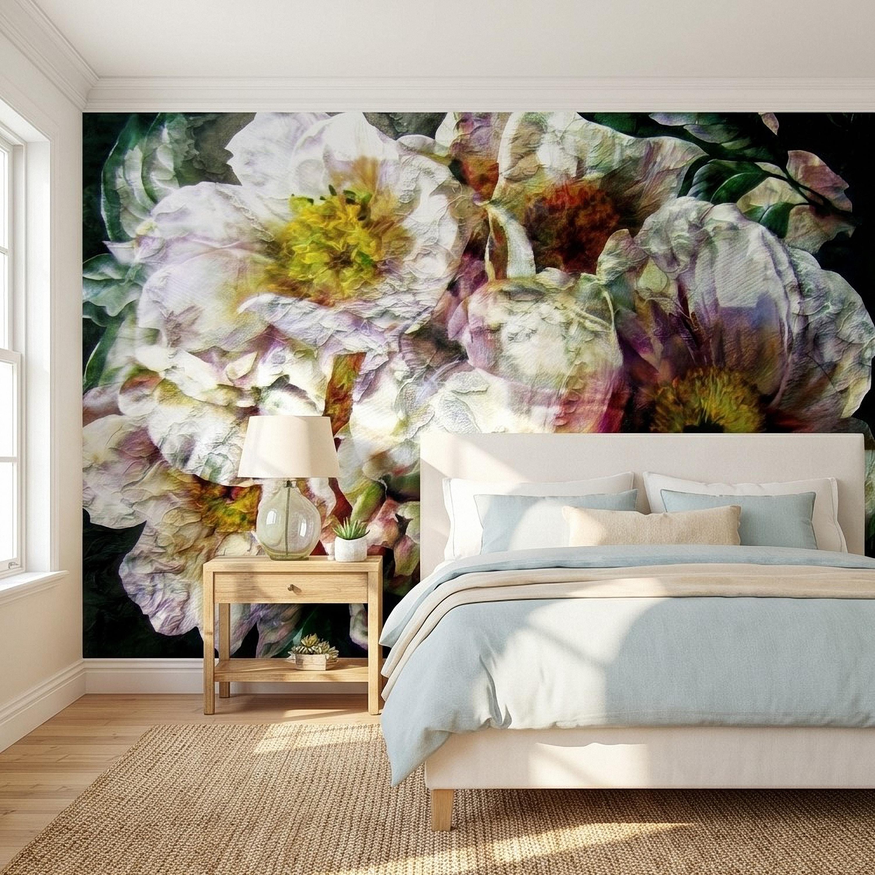 Textured White Peony Floral Peel and Stick Wall Mural, Dark Romantic Botanical Close Up, Vintage Oil Painting Style Flowers Wallpaper