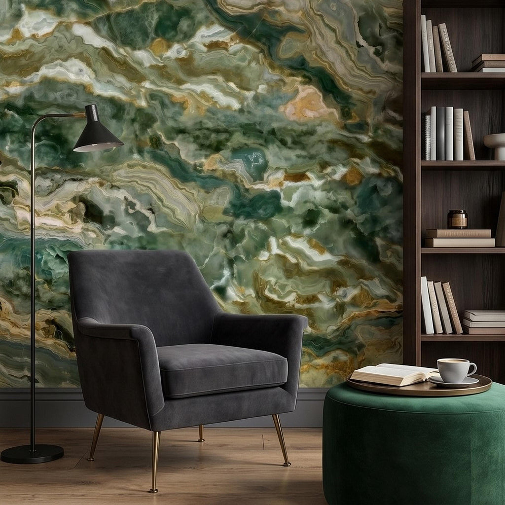 Green Onyx Agate Peel and Stick Wall Mural, Faux Marble Stone Texture Swirls, Abstract Stone Slab, Geode Veins, Modern Luxury Calm Wallpaper