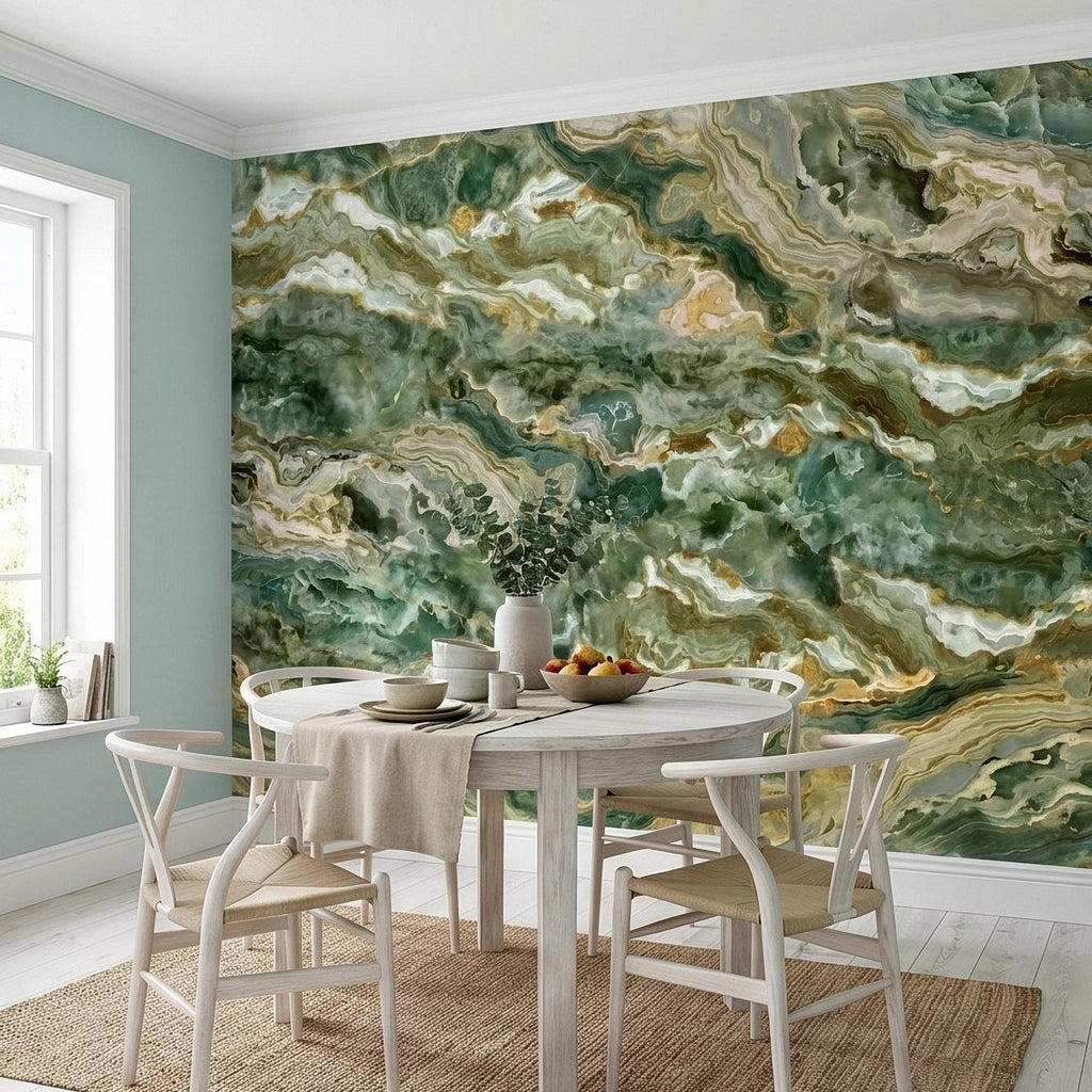 Green Onyx Agate Peel and Stick Wall Mural, Faux Marble Stone Texture Swirls, Abstract Stone Slab, Geode Veins, Modern Luxury Calm Wallpaper
