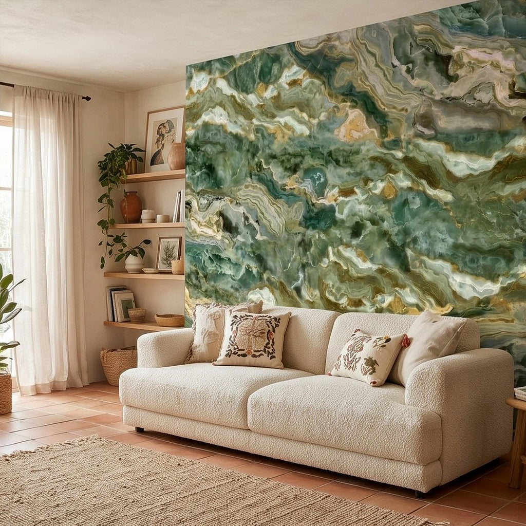 Green Onyx Agate Peel and Stick Wall Mural, Faux Marble Stone Texture Swirls, Abstract Stone Slab, Geode Veins, Modern Luxury Calm Wallpaper