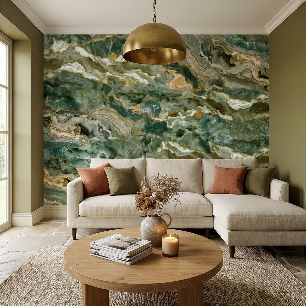Green Onyx Agate Peel and Stick Wall Mural, Faux Marble Stone Texture Swirls, Abstract Stone Slab, Geode Veins, Modern Luxury Calm Wallpaper