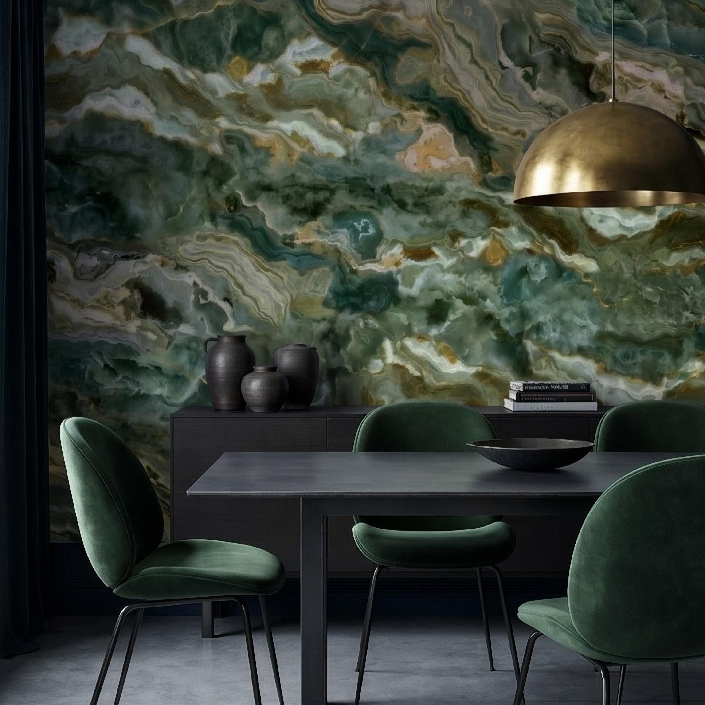Green Onyx Agate Peel and Stick Wall Mural, Faux Marble Stone Texture Swirls, Abstract Stone Slab, Geode Veins, Modern Luxury Calm Wallpaper