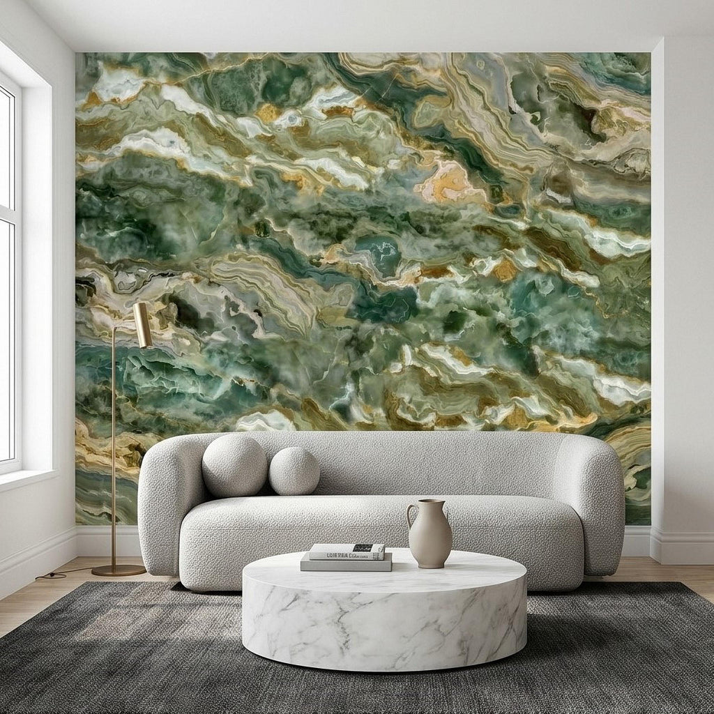 Green Onyx Agate Peel and Stick Wall Mural, Faux Marble Stone Texture Swirls, Abstract Stone Slab, Geode Veins, Modern Luxury Calm Wallpaper