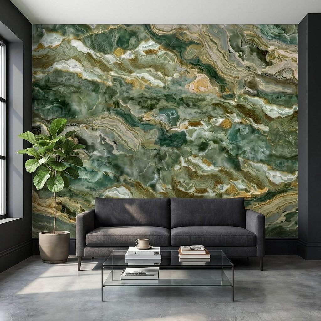 Green Onyx Agate Peel and Stick Wall Mural, Faux Marble Stone Texture Swirls, Abstract Stone Slab, Geode Veins, Modern Luxury Calm Wallpaper