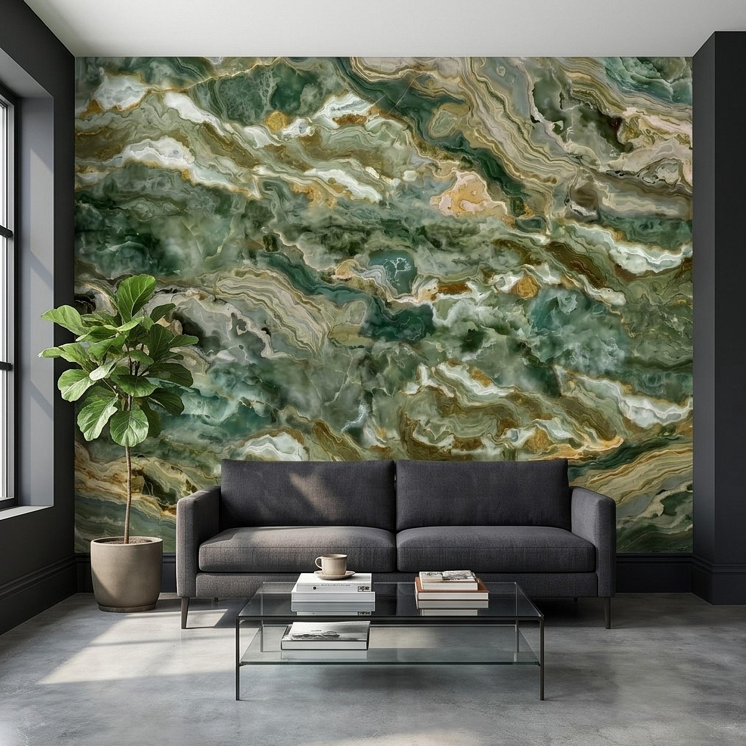 Green Onyx Agate Peel and Stick Wall Mural, Faux Marble Stone Texture Swirls, Abstract Stone Slab, Geode Veins, Modern Luxury Calm Wallpaper