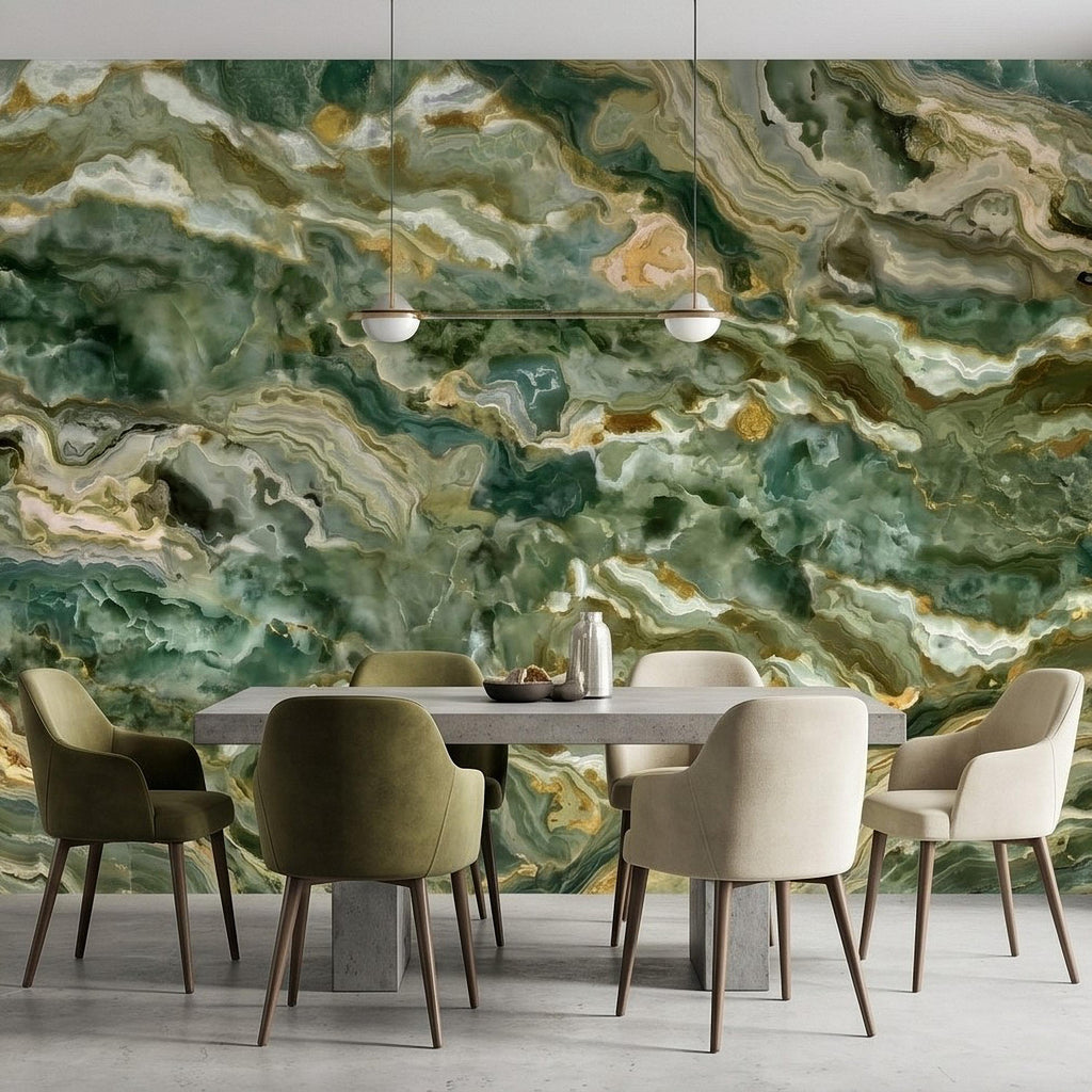 Green Onyx Agate Peel and Stick Wall Mural, Faux Marble Stone Texture Swirls, Abstract Stone Slab, Geode Veins, Modern Luxury Calm Wallpaper