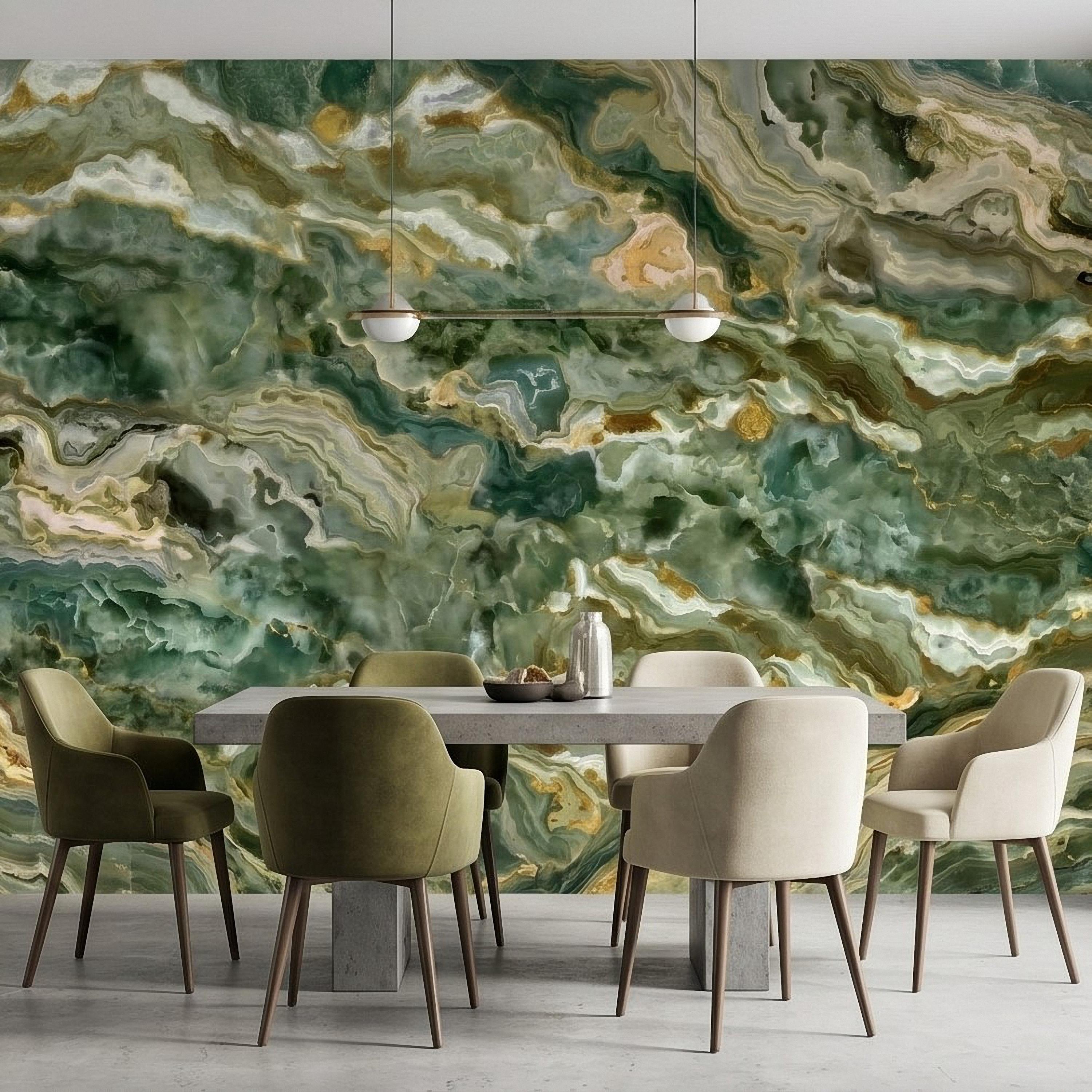 Green Onyx Agate Peel and Stick Wall Mural, Faux Marble Stone Texture Swirls, Abstract Stone Slab, Geode Veins, Modern Luxury Calm Wallpaper