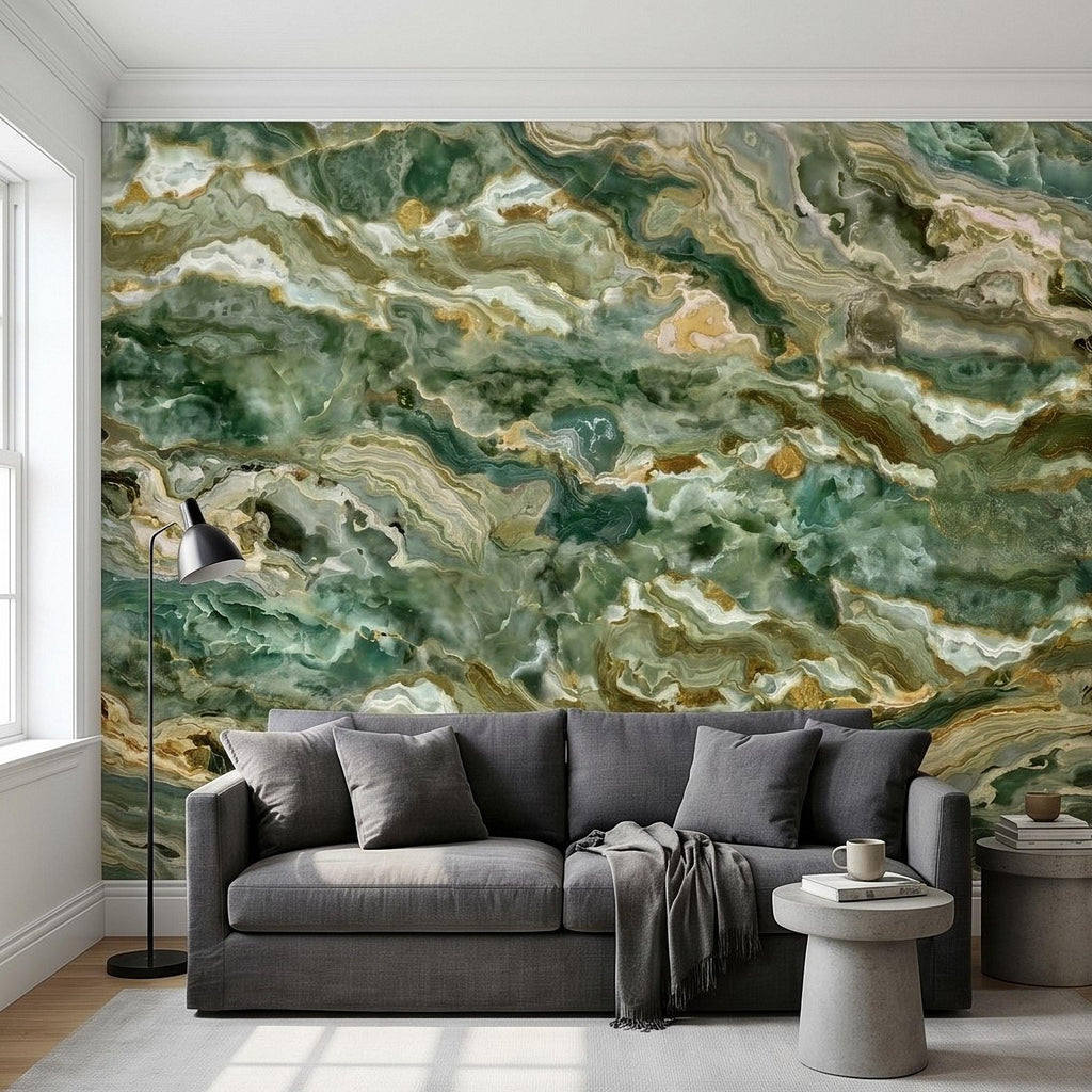 Green Onyx Agate Peel and Stick Wall Mural, Faux Marble Stone Texture Swirls, Abstract Stone Slab, Geode Veins, Modern Luxury Calm Wallpaper