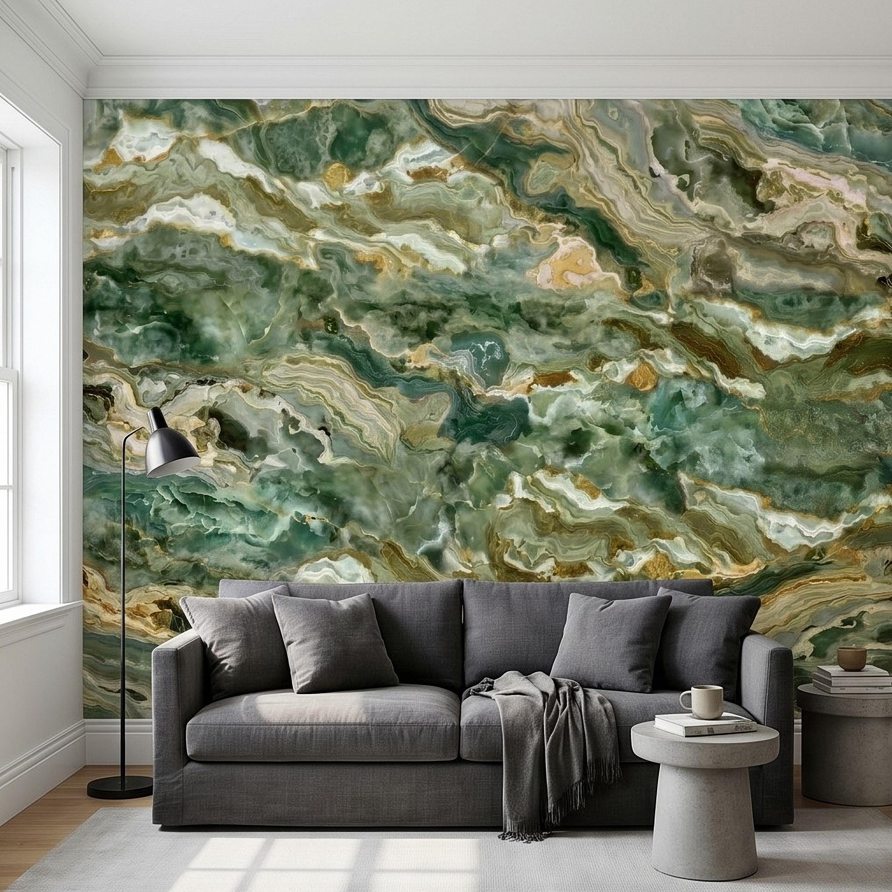 Green Onyx Agate Peel and Stick Wall Mural, Faux Marble Stone Texture Swirls, Abstract Stone Slab, Geode Veins, Modern Luxury Calm Wallpaper