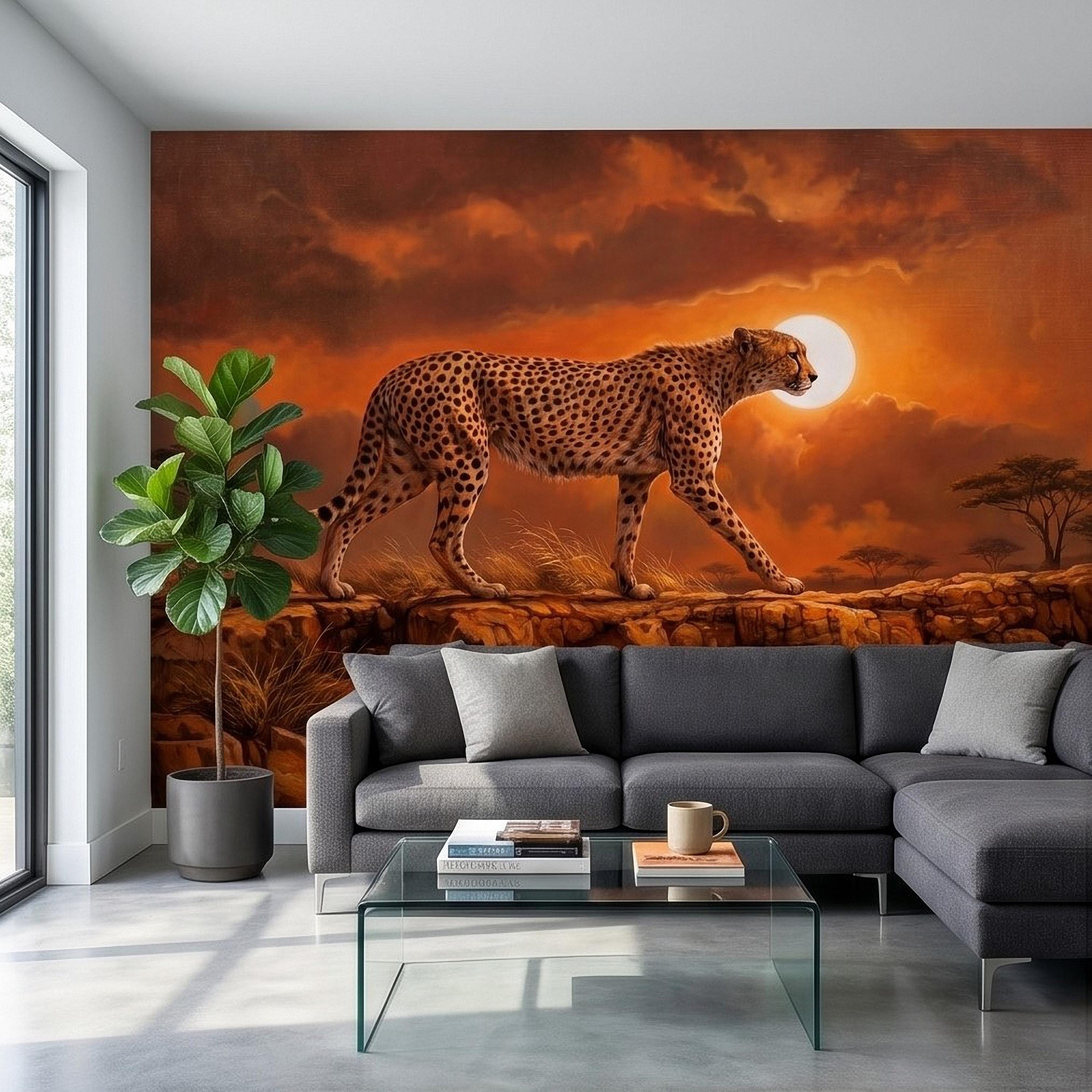 Cheetah Golden Sunset Safari Peel and Stick Wall Mural, African Savanna Landscape, Big Cat Wildlife, Acacia Trees, Warm Desert Sky Wallpaper