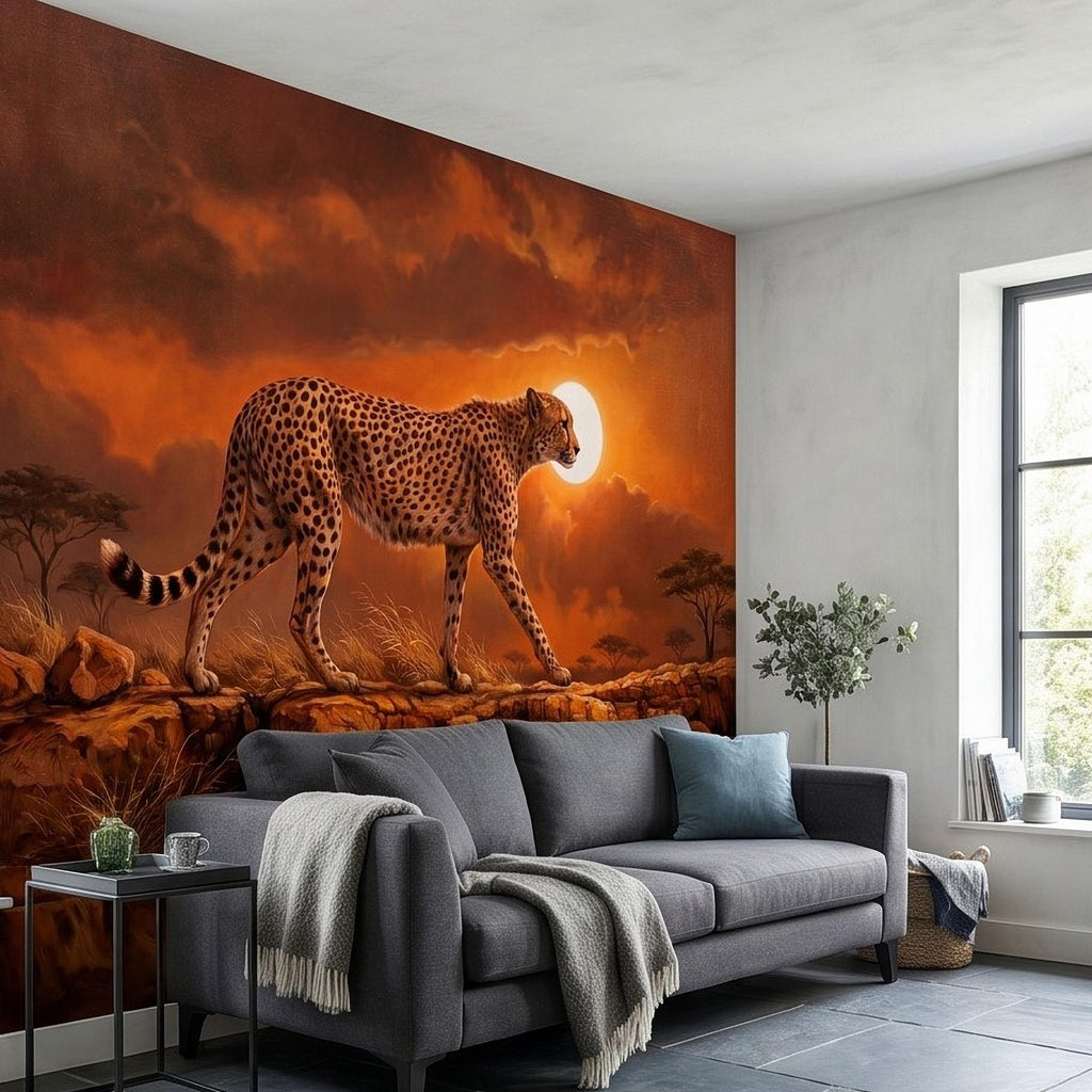 Cheetah Golden Sunset Safari Peel and Stick Wall Mural, African Savanna Landscape, Big Cat Wildlife, Acacia Trees, Warm Desert Sky Wallpaper