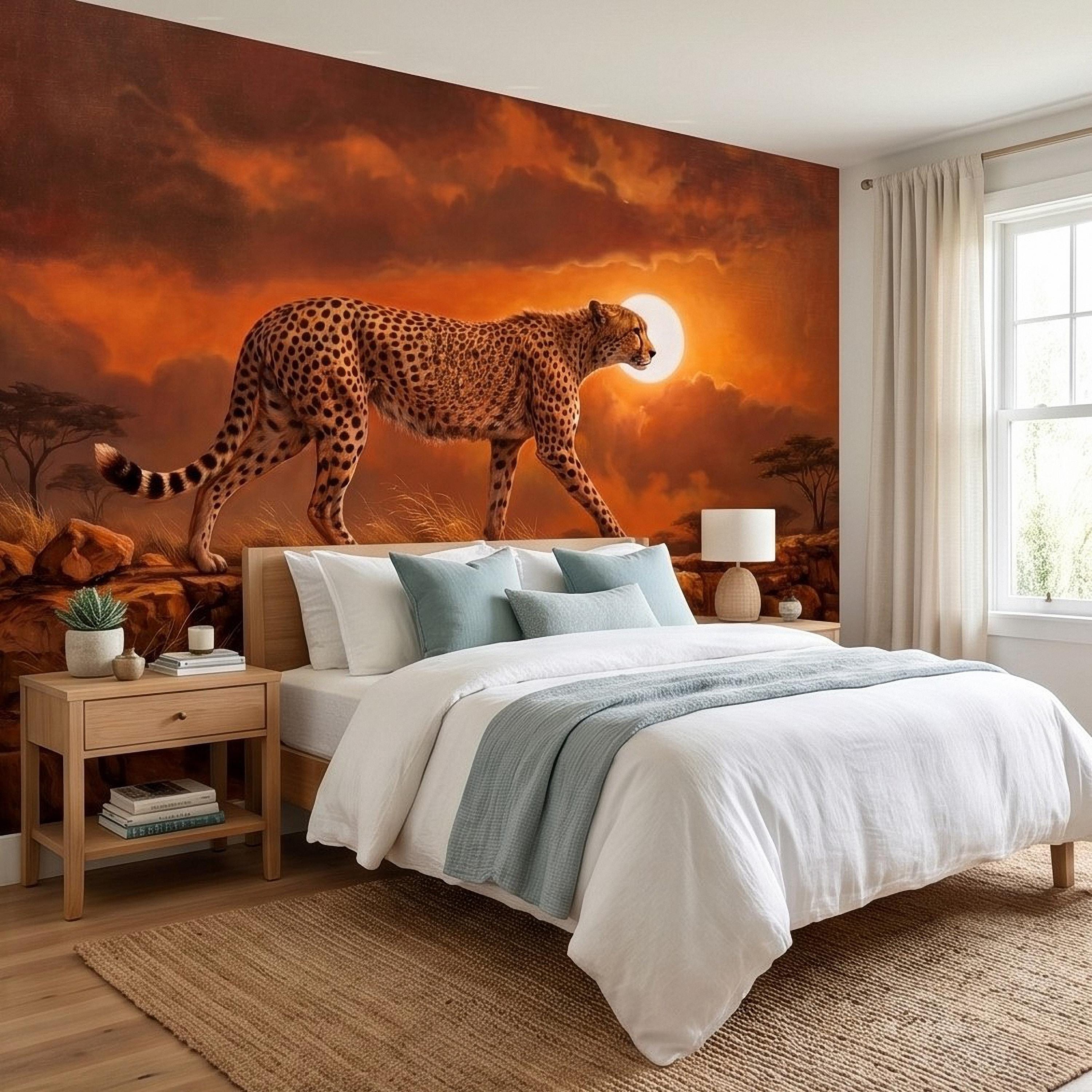 Cheetah Golden Sunset Safari Peel and Stick Wall Mural, African Savanna Landscape, Big Cat Wildlife, Acacia Trees, Warm Desert Sky Wallpaper