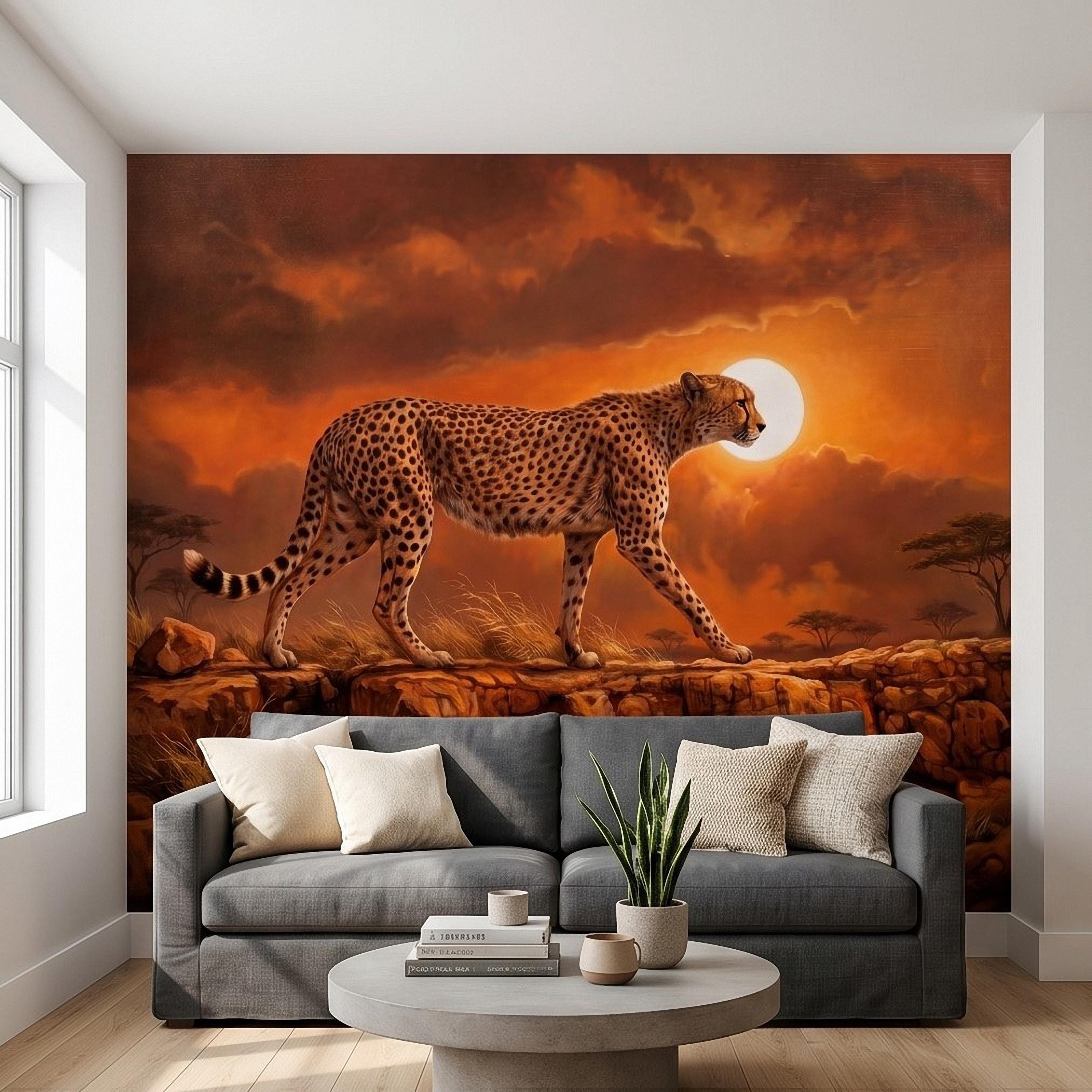 Cheetah Golden Sunset Safari Peel and Stick Wall Mural, African Savanna Landscape, Big Cat Wildlife, Acacia Trees, Warm Desert Sky Wallpaper