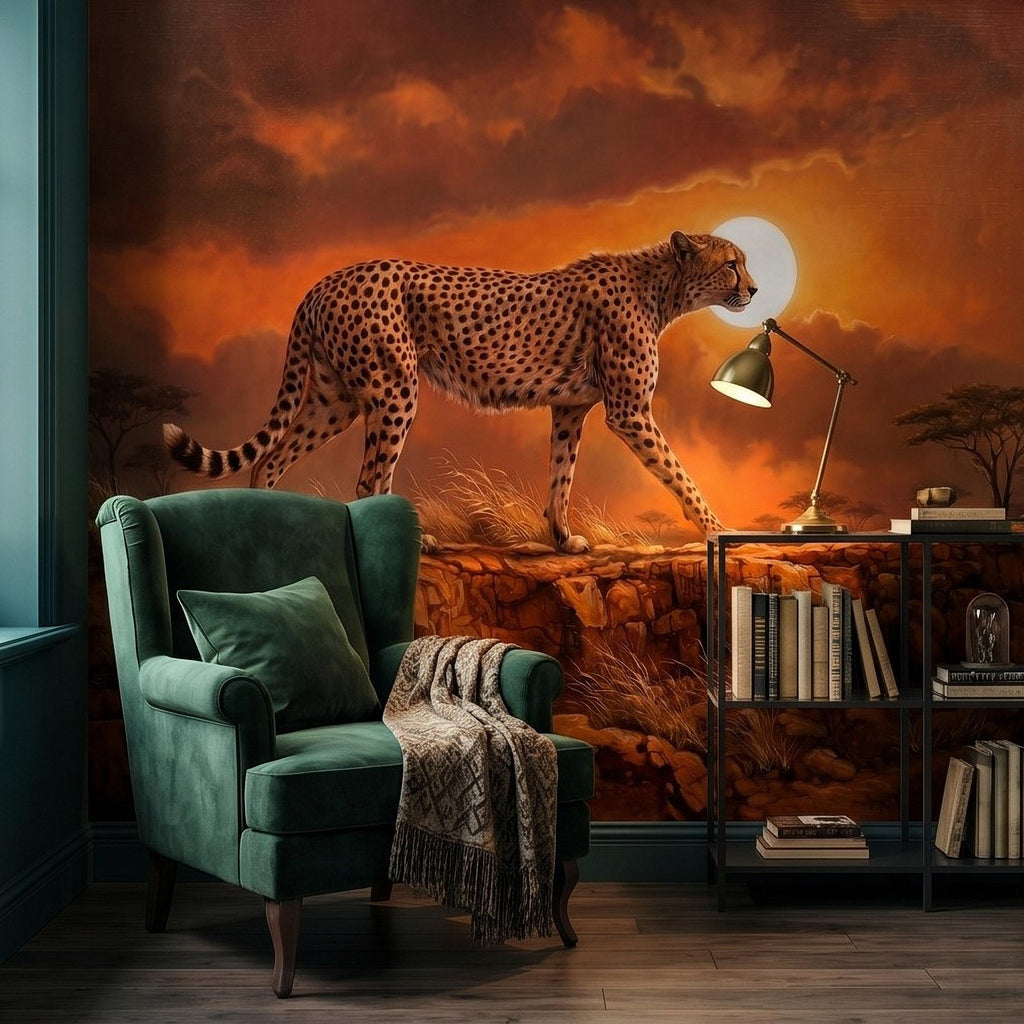 Cheetah Golden Sunset Safari Peel and Stick Wall Mural, African Savanna Landscape, Big Cat Wildlife, Acacia Trees, Warm Desert Sky Wallpaper