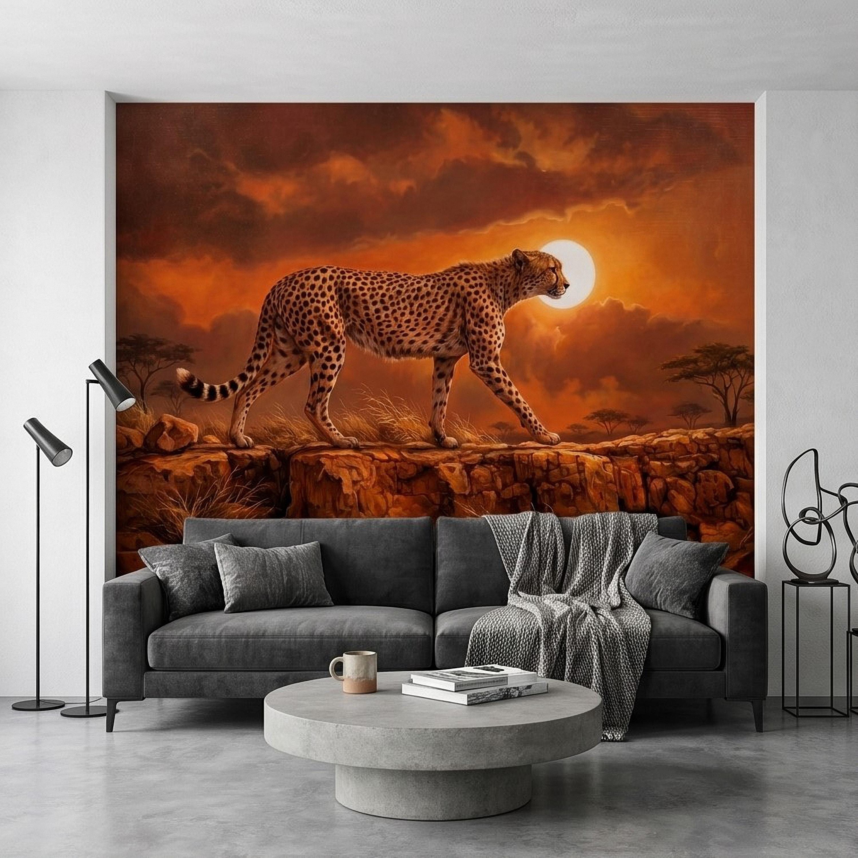 Cheetah Golden Sunset Safari Peel and Stick Wall Mural, African Savanna Landscape, Big Cat Wildlife, Acacia Trees, Warm Desert Sky Wallpaper