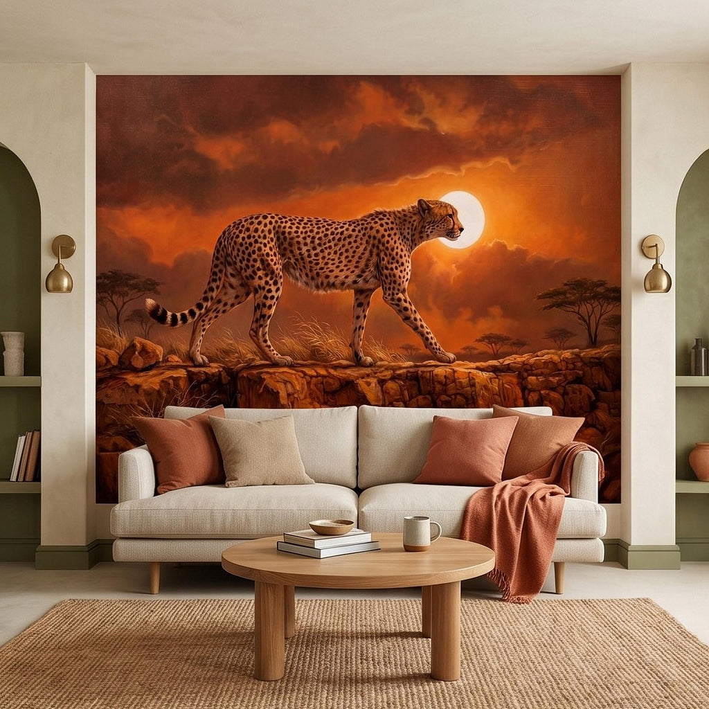 Cheetah Golden Sunset Safari Peel and Stick Wall Mural, African Savanna Landscape, Big Cat Wildlife, Acacia Trees, Warm Desert Sky Wallpaper