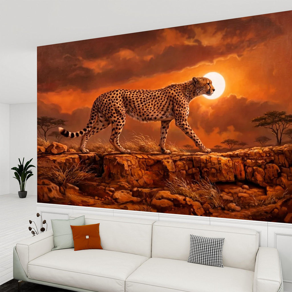 Cheetah Golden Sunset Safari Peel and Stick Wall Mural, African Savanna Landscape, Big Cat Wildlife, Acacia Trees, Warm Desert Sky Wallpaper