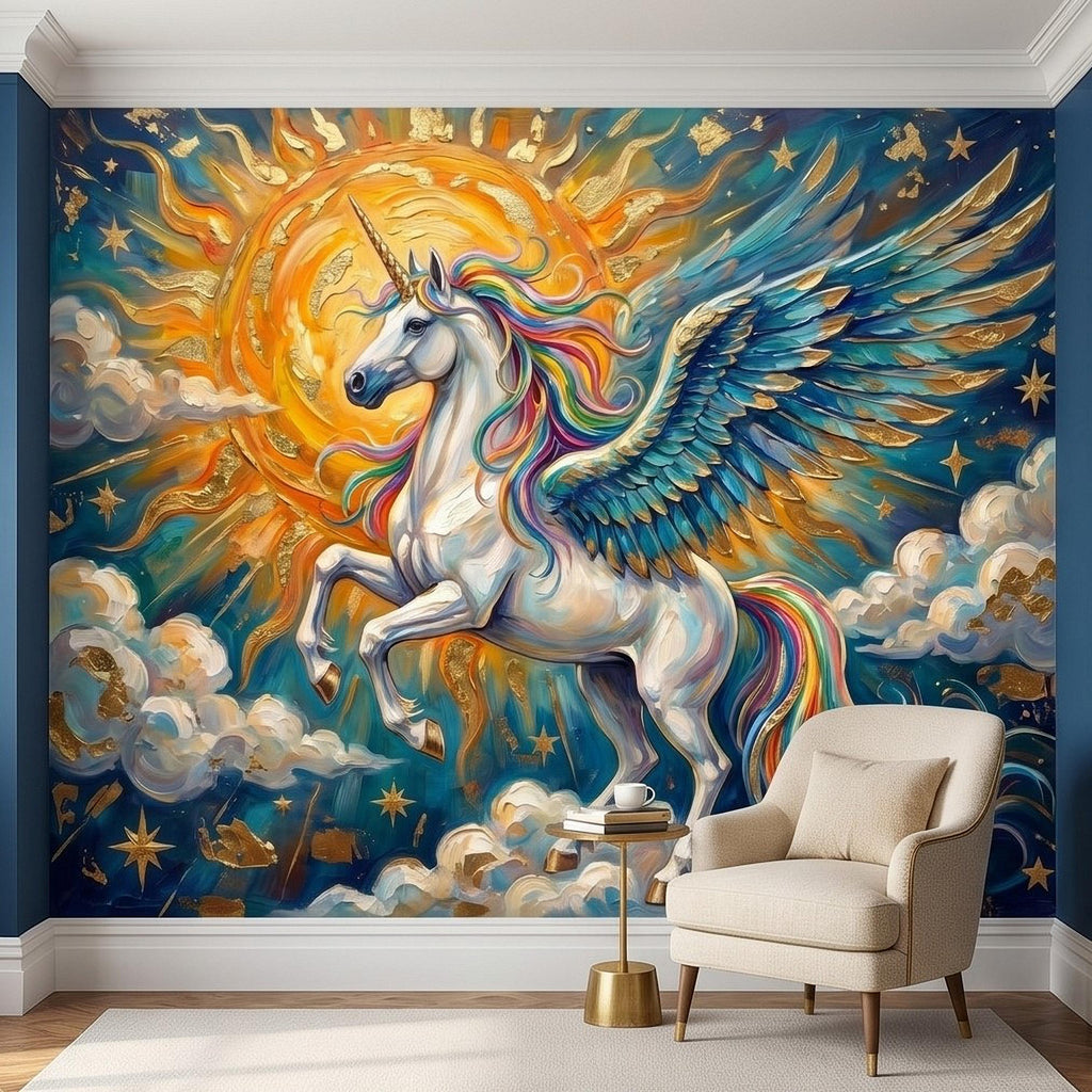 Celestial Winged Unicorn Peel and Stick Wall Mural, Rainbow Pegasus Angel Wings Sun Stars Clouds Hand Painted Fairy Tale Sky Scene Wallpaper