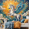 Celestial Winged Unicorn Peel and Stick Wall Mural, Rainbow Pegasus Angel Wings Sun Stars Clouds Hand Painted Fairy Tale Sky Scene Wallpaper