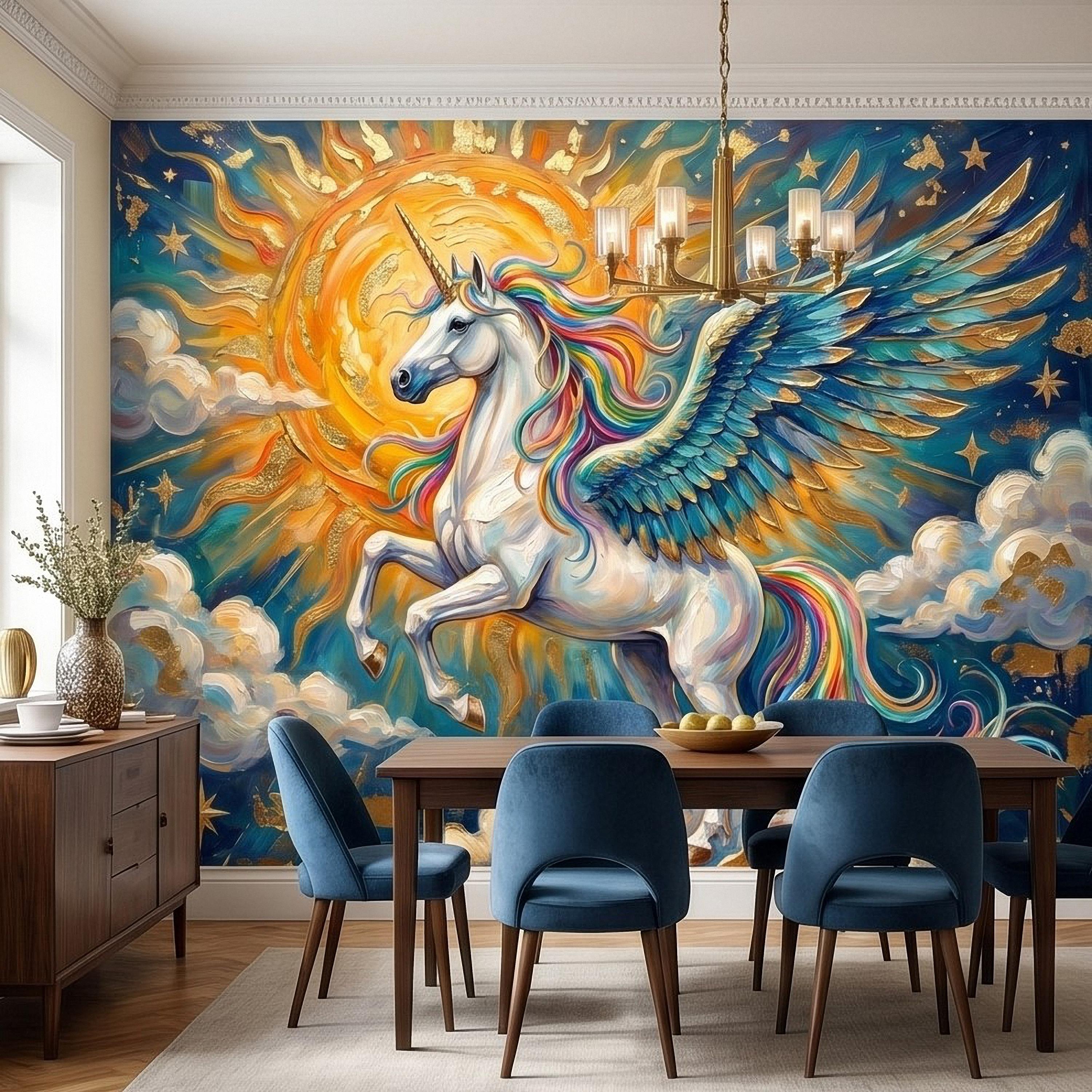 Celestial Winged Unicorn Peel and Stick Wall Mural, Rainbow Pegasus Angel Wings Sun Stars Clouds Hand Painted Fairy Tale Sky Scene Wallpaper