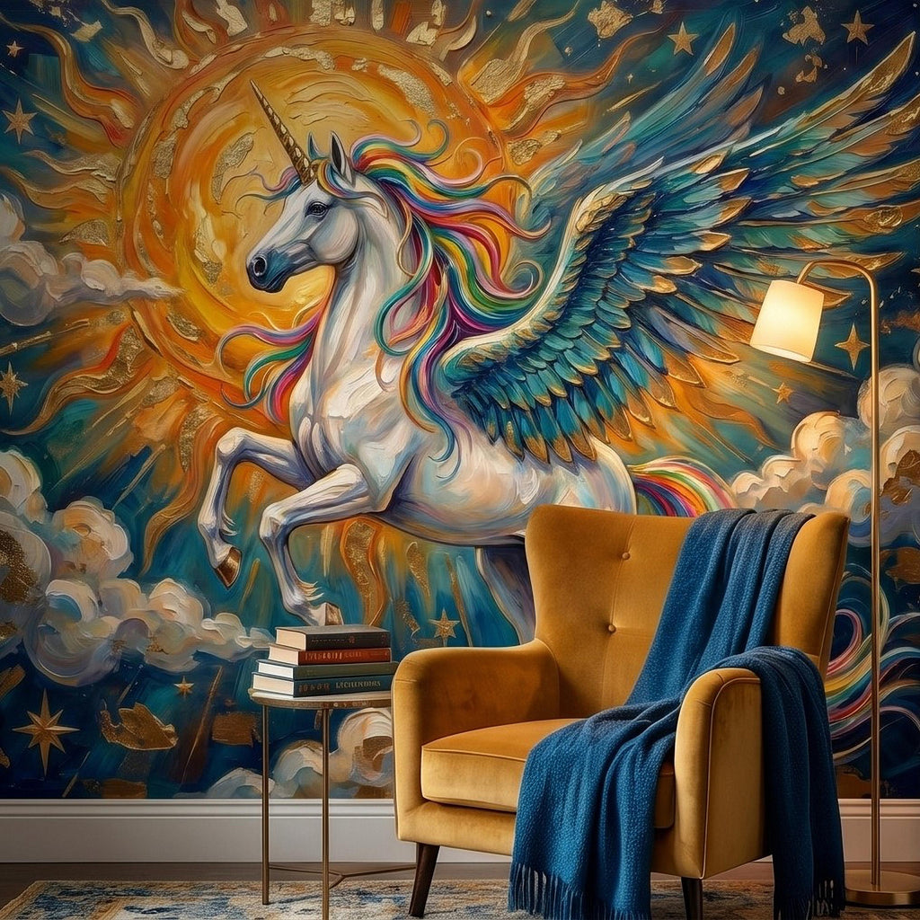 Celestial Winged Unicorn Peel and Stick Wall Mural, Rainbow Pegasus Angel Wings Sun Stars Clouds Hand Painted Fairy Tale Sky Scene Wallpaper