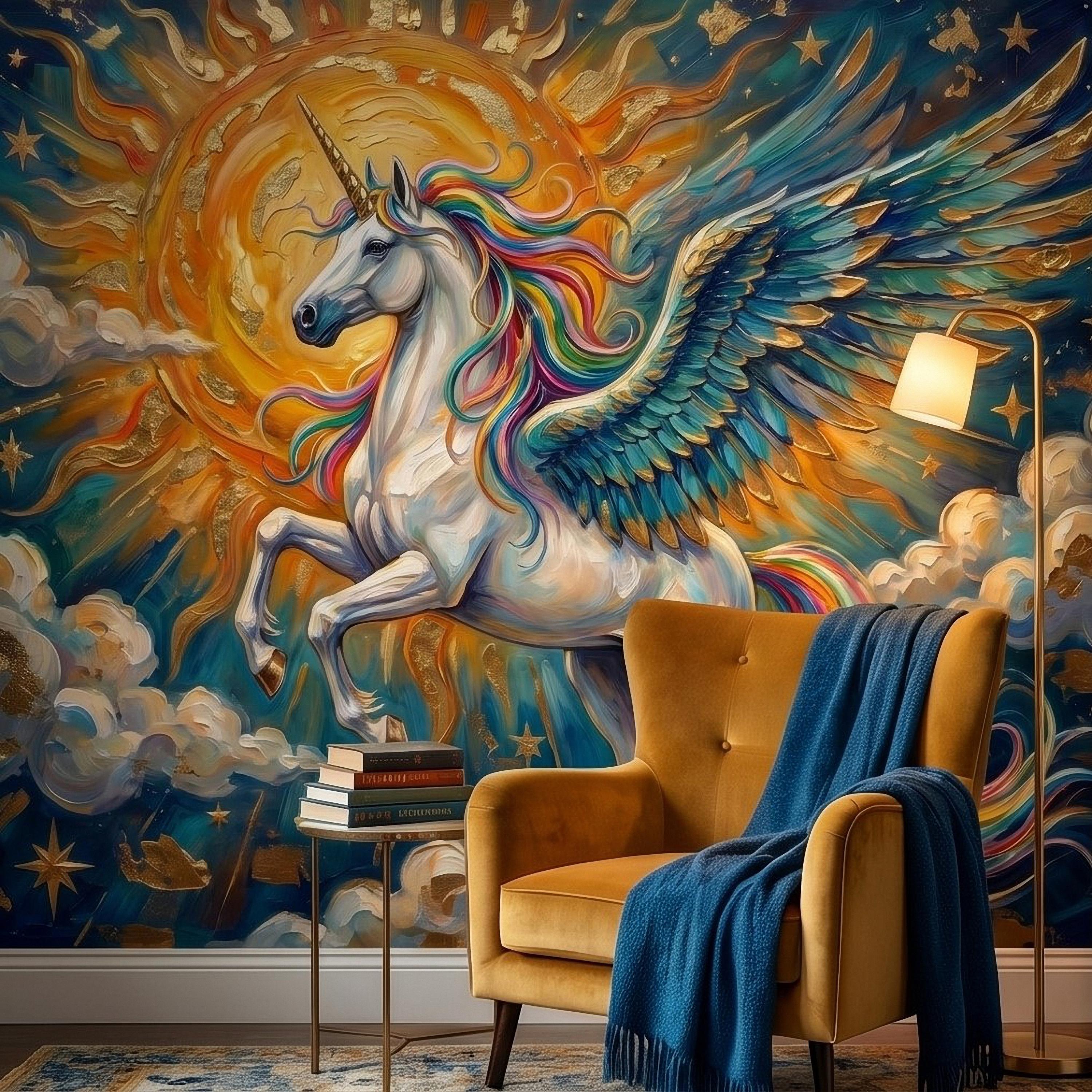 Celestial Winged Unicorn Peel and Stick Wall Mural, Rainbow Pegasus Angel Wings Sun Stars Clouds Hand Painted Fairy Tale Sky Scene Wallpaper