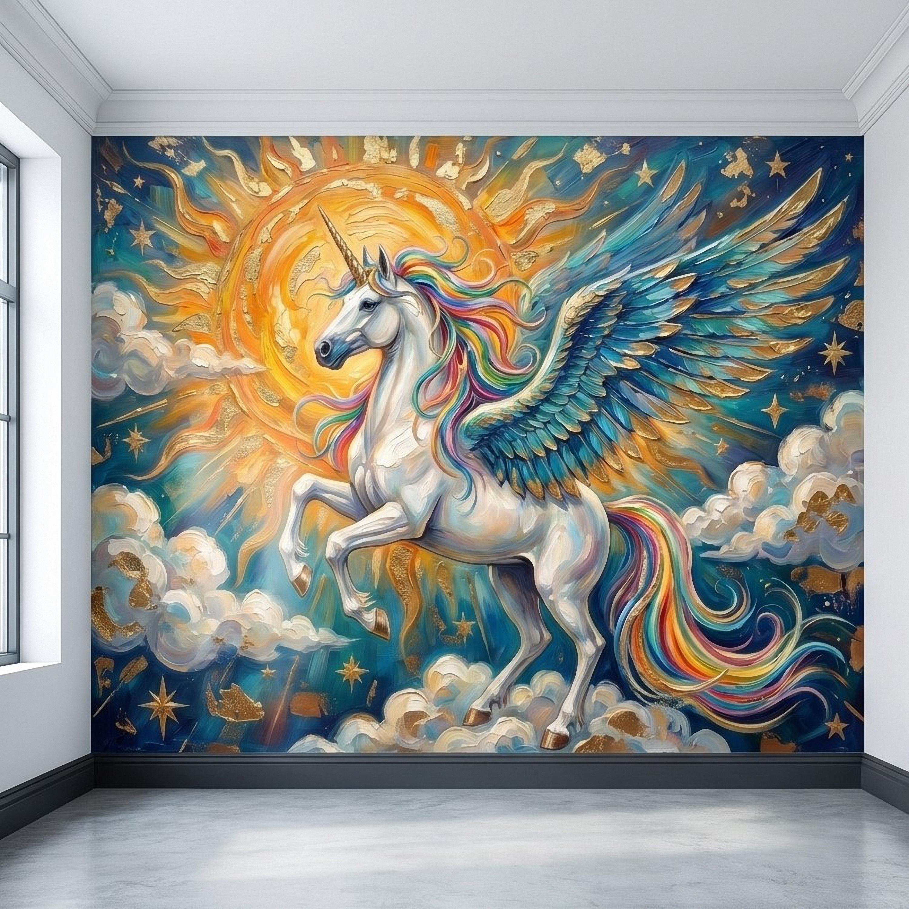 Celestial Winged Unicorn Peel and Stick Wall Mural, Rainbow Pegasus Angel Wings Sun Stars Clouds Hand Painted Fairy Tale Sky Scene Wallpaper