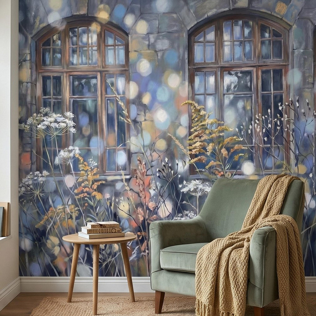 Pastel watercolor wall mural showing arched windows, wildflowers, and glowing bokeh orbs