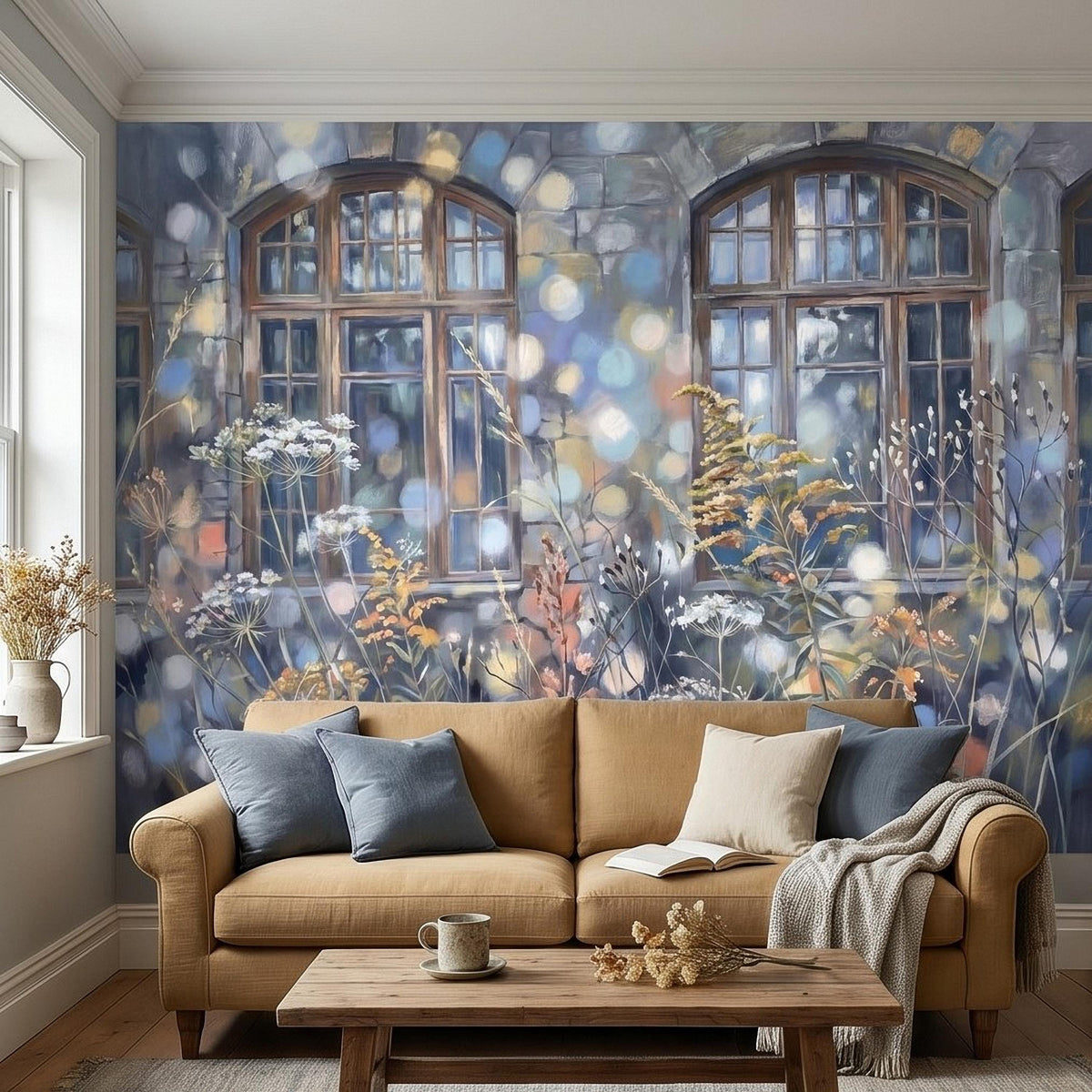 Vintage watercolor window facade wall mural with wildflowers and soft glowing bokeh lights
