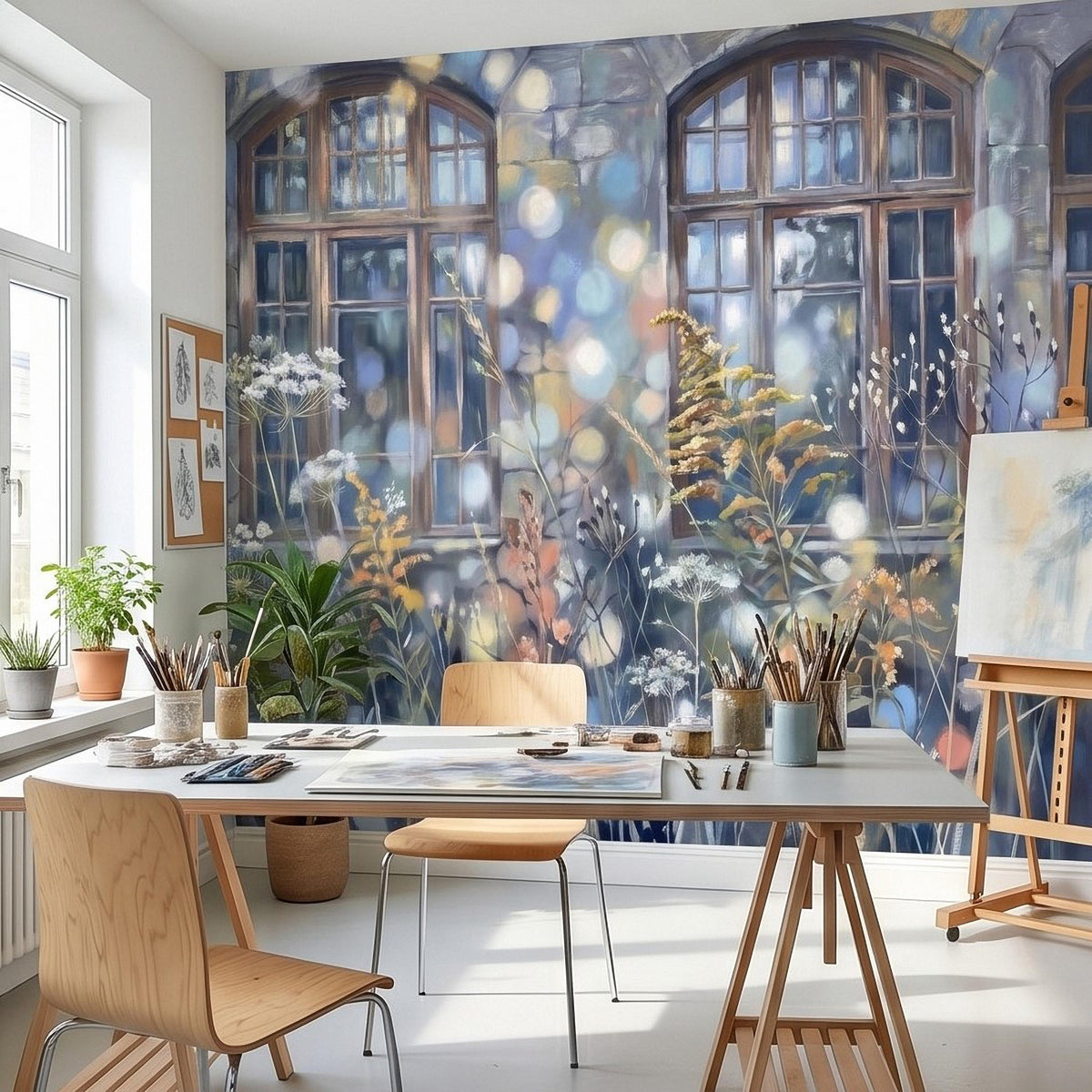 Arched window and meadow wildflower watercolor wall mural with soft light bokeh details