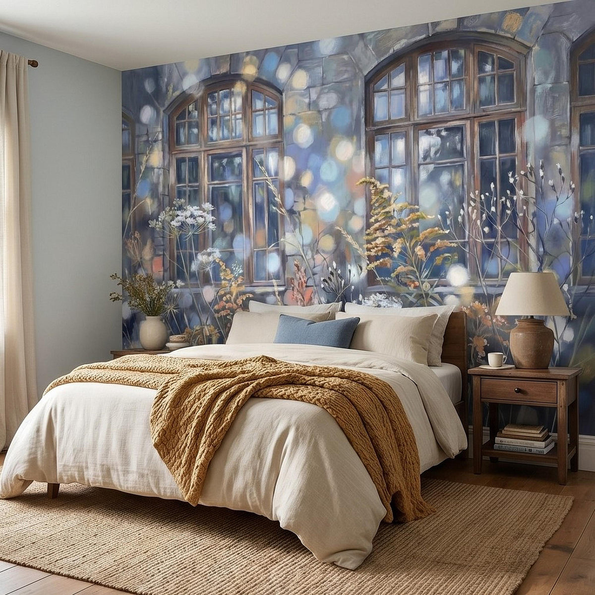Watercolor arched-window wall mural with wildflowers and dreamy bokeh light background