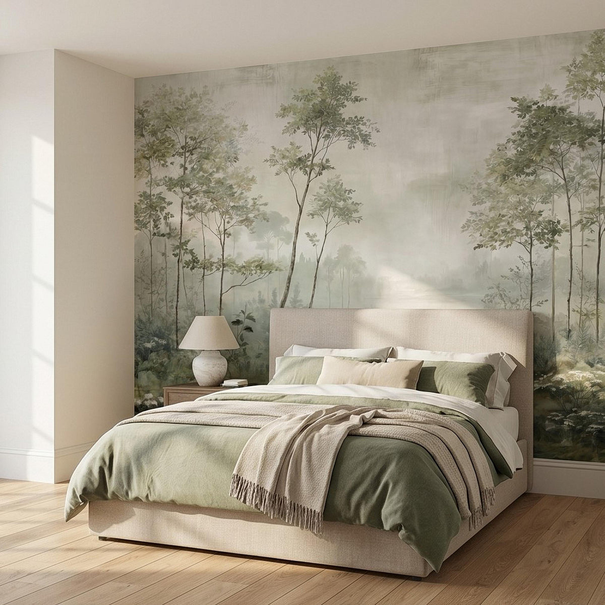 Watercolor woodland wall mural with soft green trees and gentle mist backdrop