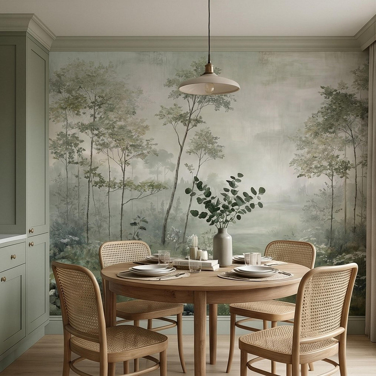 Misty watercolor woodland wall mural with tall trees and scattered wildflowers