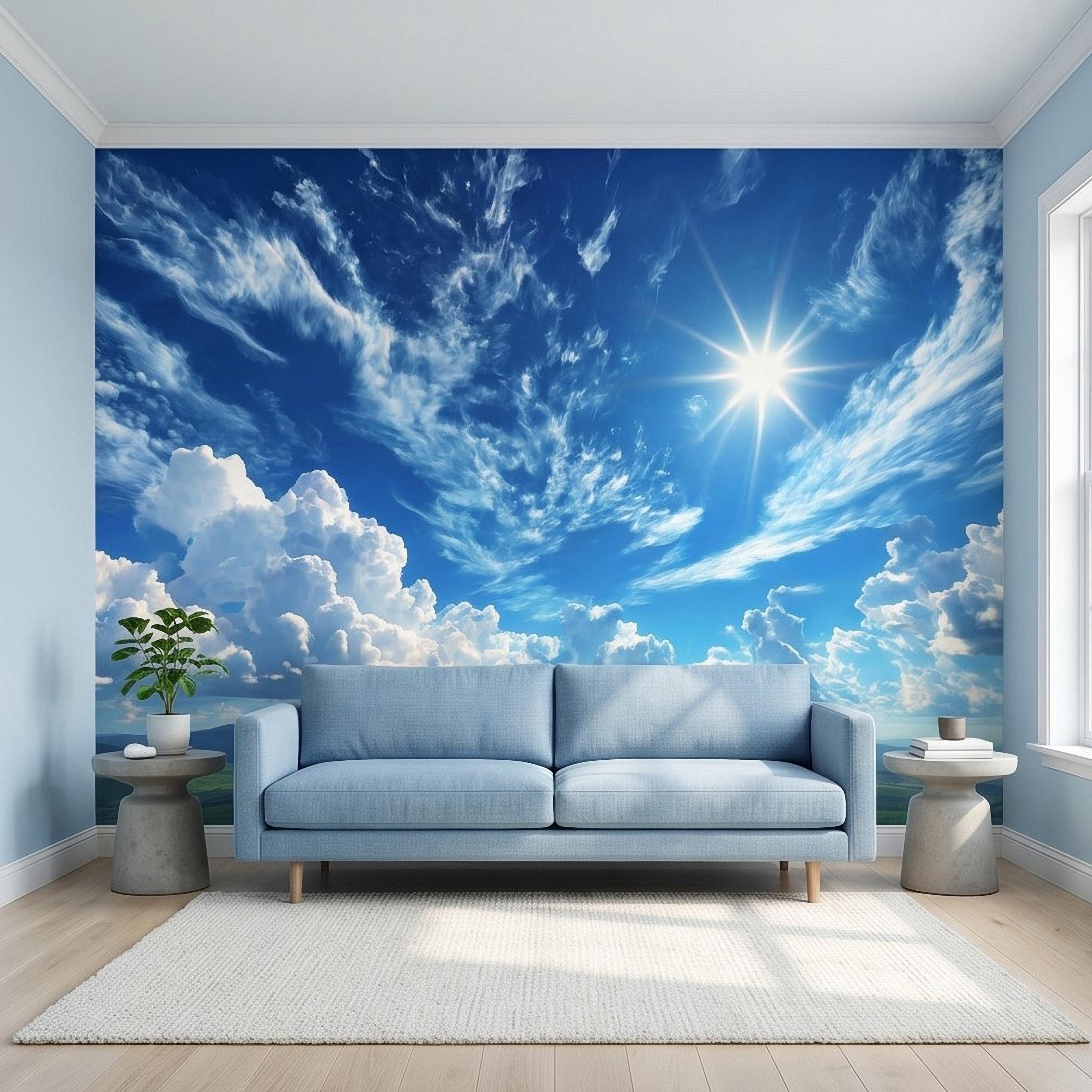 Blue Sky Clouds Peel and Stick Wall Mural, Bright Sunny Day Cumulus Cloudscape, Open Air Ceiling Illusion, Wide Horizon Landscape Wallpaper