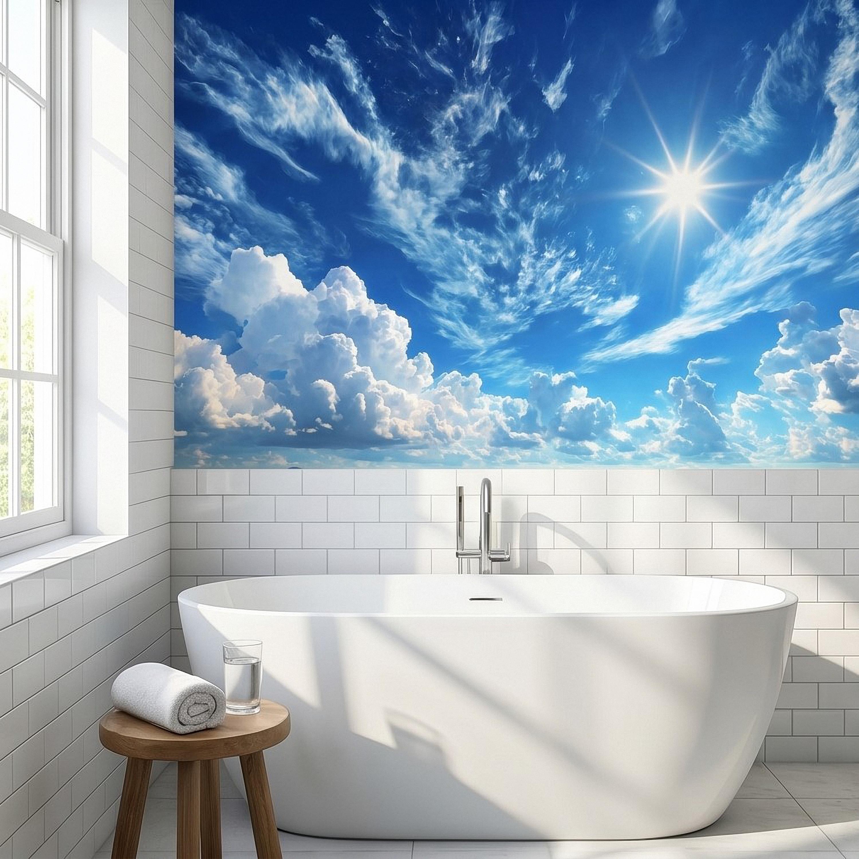 Blue Sky Clouds Peel and Stick Wall Mural, Bright Sunny Day Cumulus Cloudscape, Open Air Ceiling Illusion, Wide Horizon Landscape Wallpaper