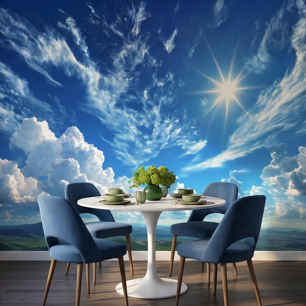 Blue Sky Clouds Peel and Stick Wall Mural, Bright Sunny Day Cumulus Cloudscape, Open Air Ceiling Illusion, Wide Horizon Landscape Wallpaper