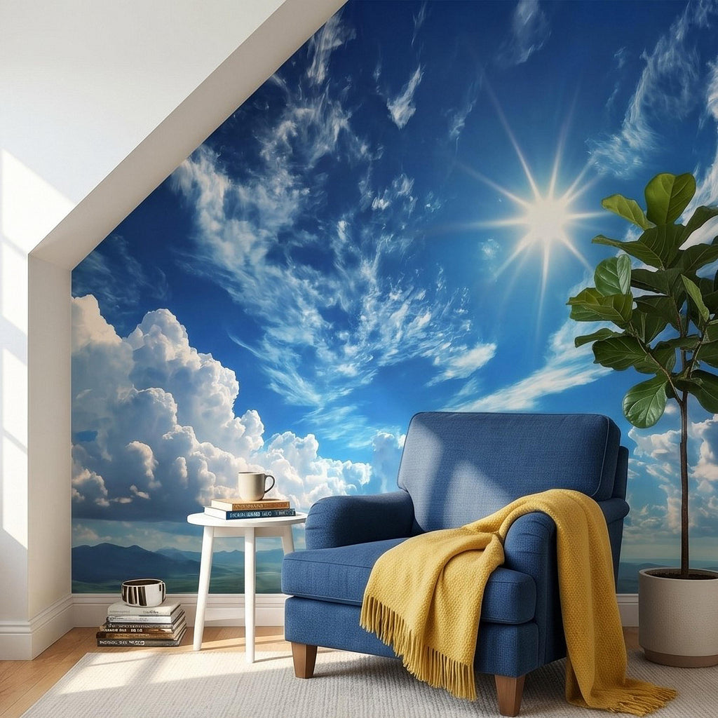 Blue Sky Clouds Peel and Stick Wall Mural, Bright Sunny Day Cumulus Cloudscape, Open Air Ceiling Illusion, Wide Horizon Landscape Wallpaper