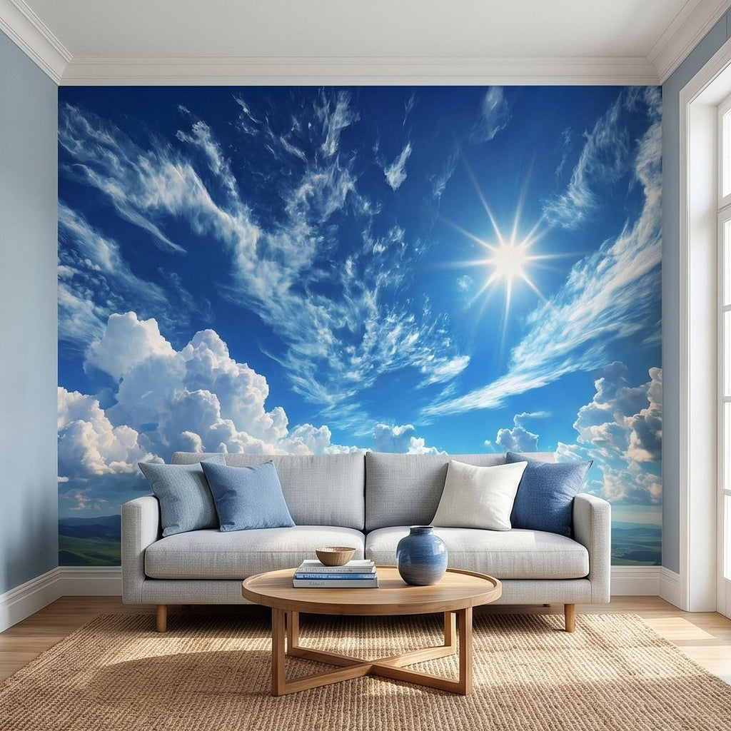 Blue Sky Clouds Peel and Stick Wall Mural, Bright Sunny Day Cumulus Cloudscape, Open Air Ceiling Illusion, Wide Horizon Landscape Wallpaper