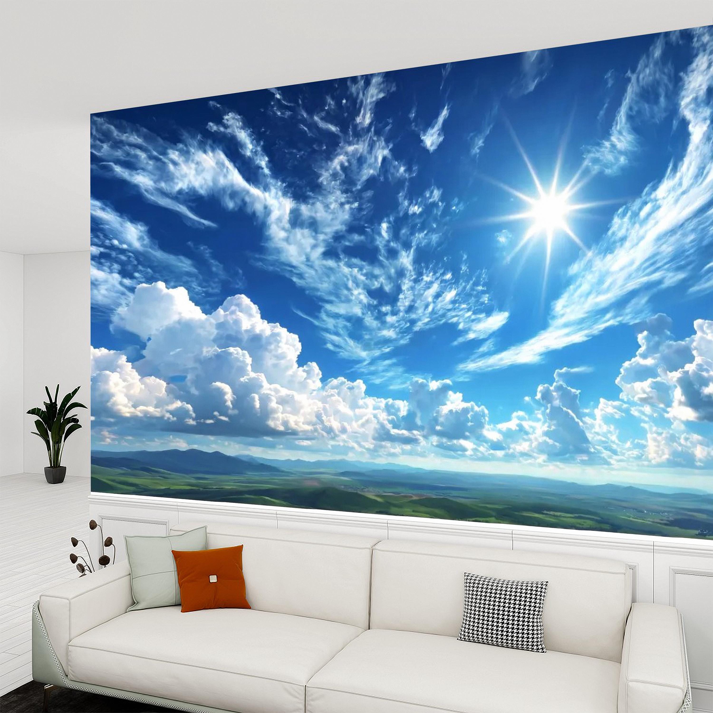 Blue Sky Clouds Peel and Stick Wall Mural, Bright Sunny Day Cumulus Cloudscape, Open Air Ceiling Illusion, Wide Horizon Landscape Wallpaper